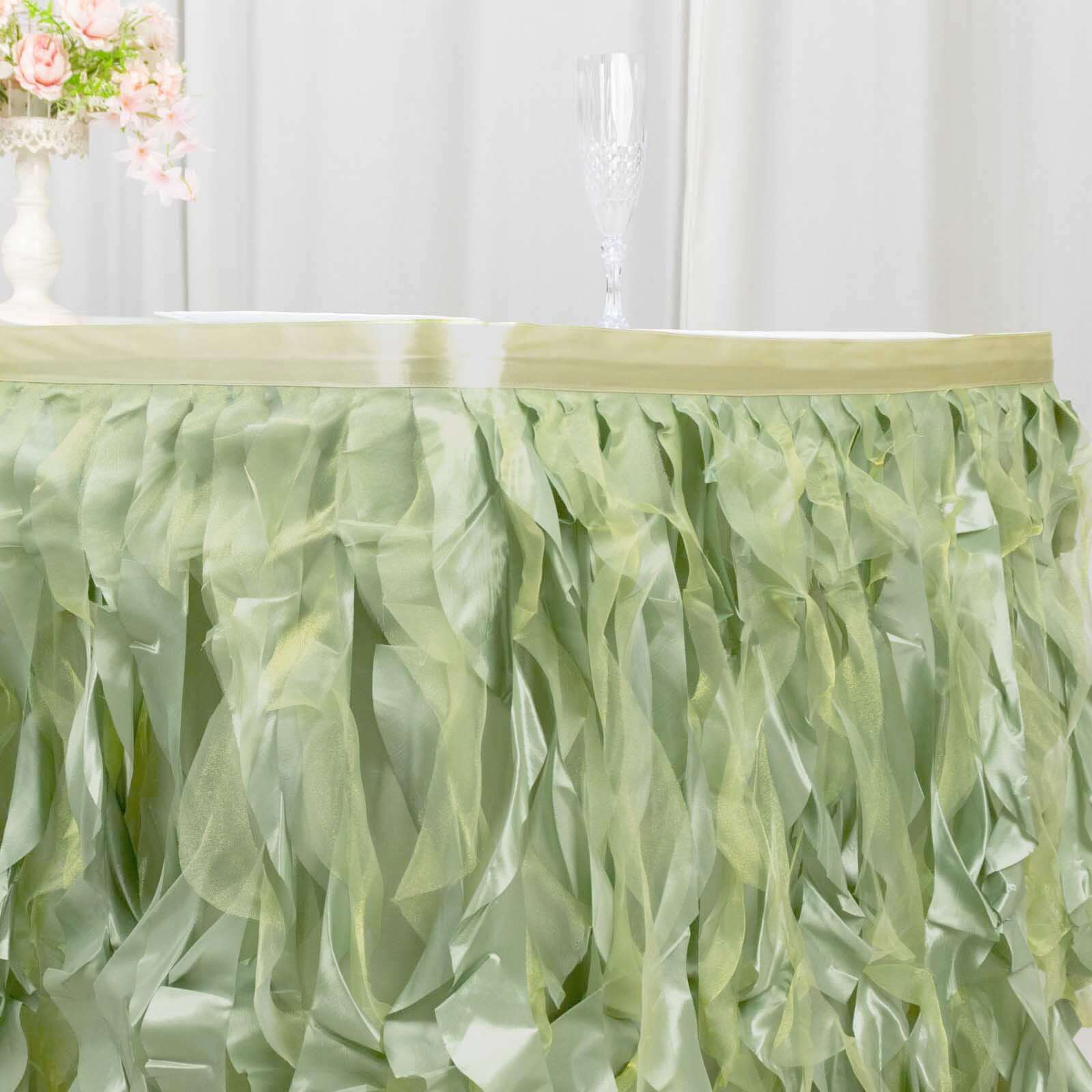 Taffeta 14ft Table Skirt Sage Green - Cascading Curly Willow Style Table Cover