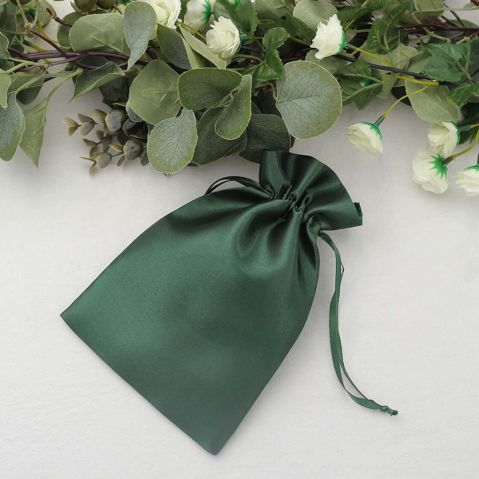 12 Pack 6"x9" Hunter Emerald Green Satin Wedding Party Favor Bags, Drawstring Pouch Gift Bags