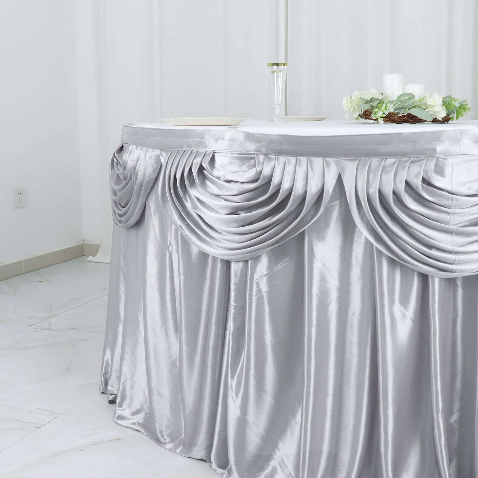 Satin 14ft Table Skirt Silver - Pleated Double Drape Table Cover