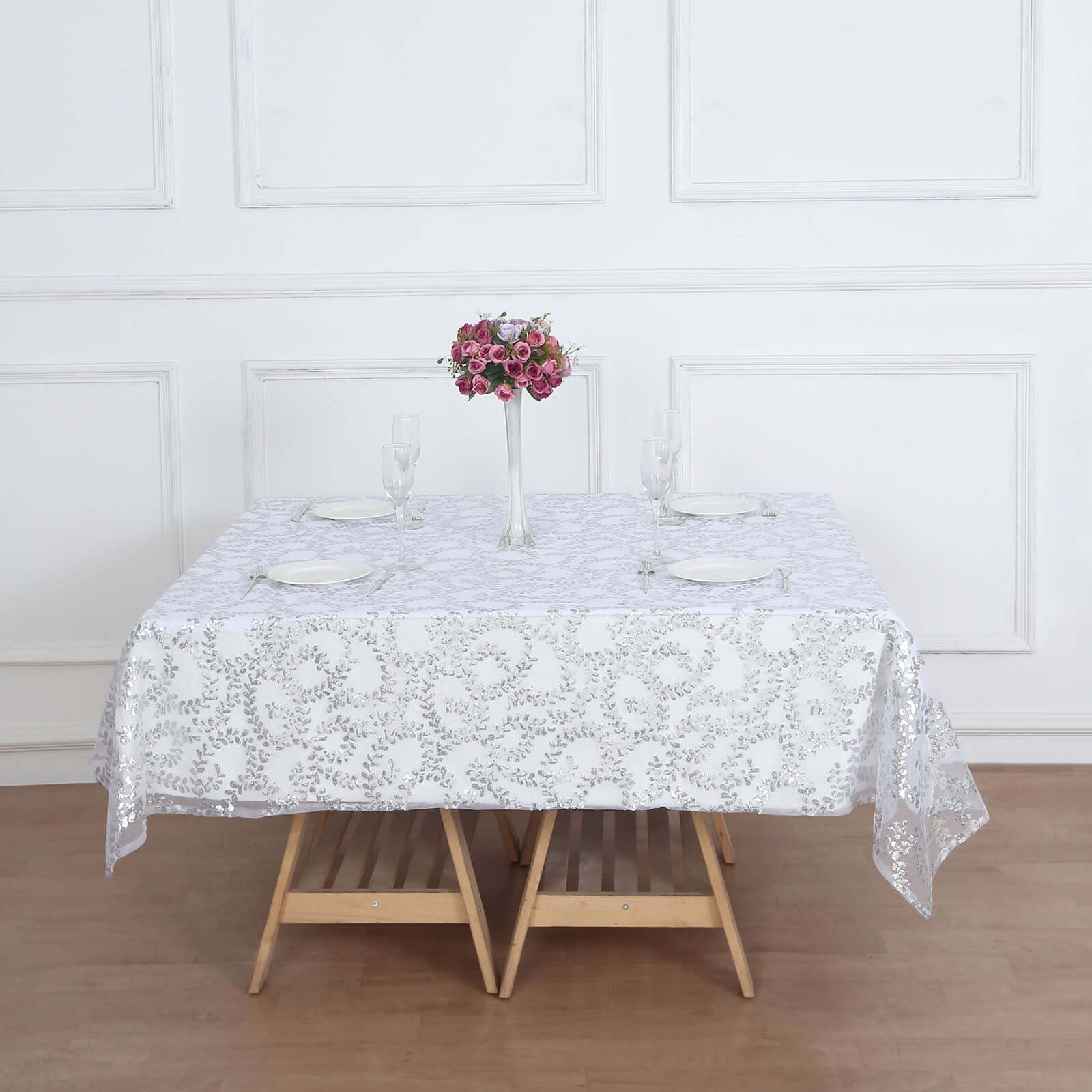 Tulle 72"x72" Table Overlay Square Tablecloth Silver - Sequin Leaf Embroidered Table Topper