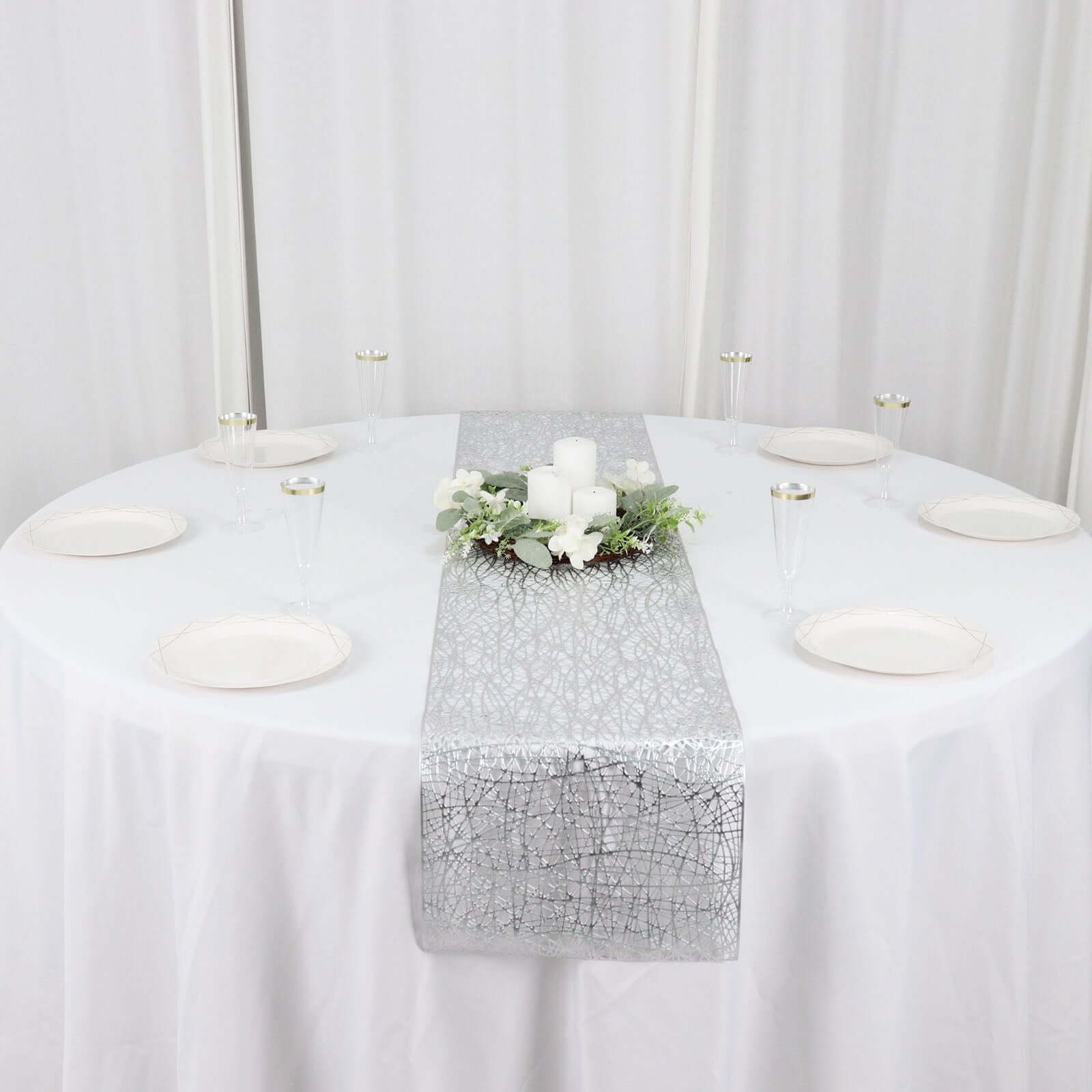 Plastic Woven Vinyl 13"x6ft Table Runner Metallic Silver - Non-Slip & Reversible Tabletop Decor