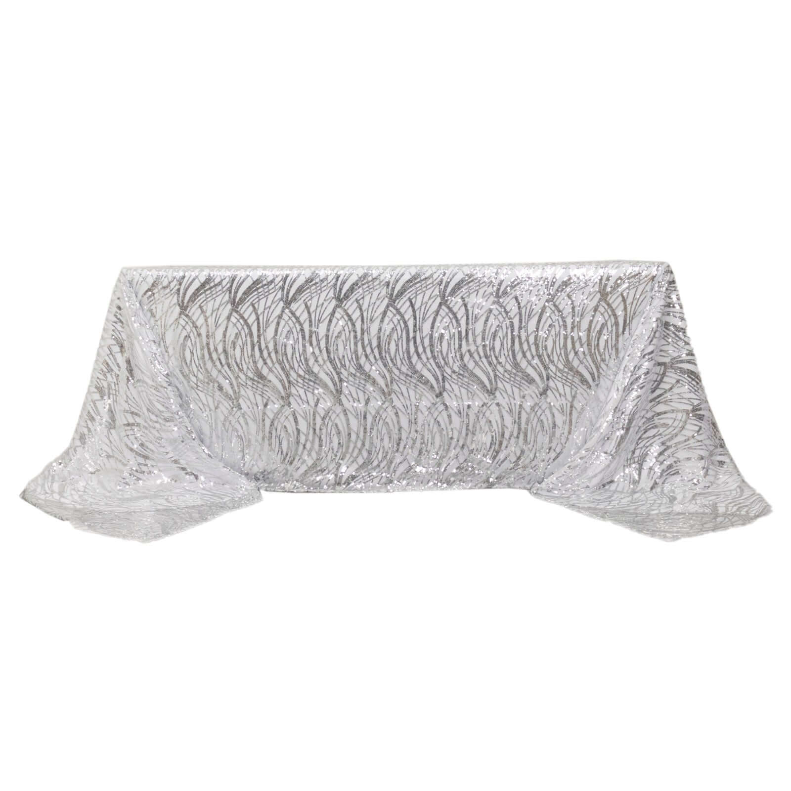 Mesh 90"x156" Rectangle Tablecloth Silver - Wave Sequin Embroidered Table Cover