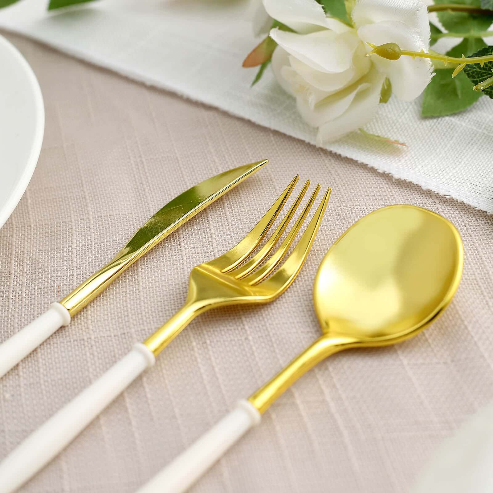 24-Pack Plastic Flatware Set in Metallic Gold with Ivory Handle - Heavy Duty Disposable Modern Silverware 8"