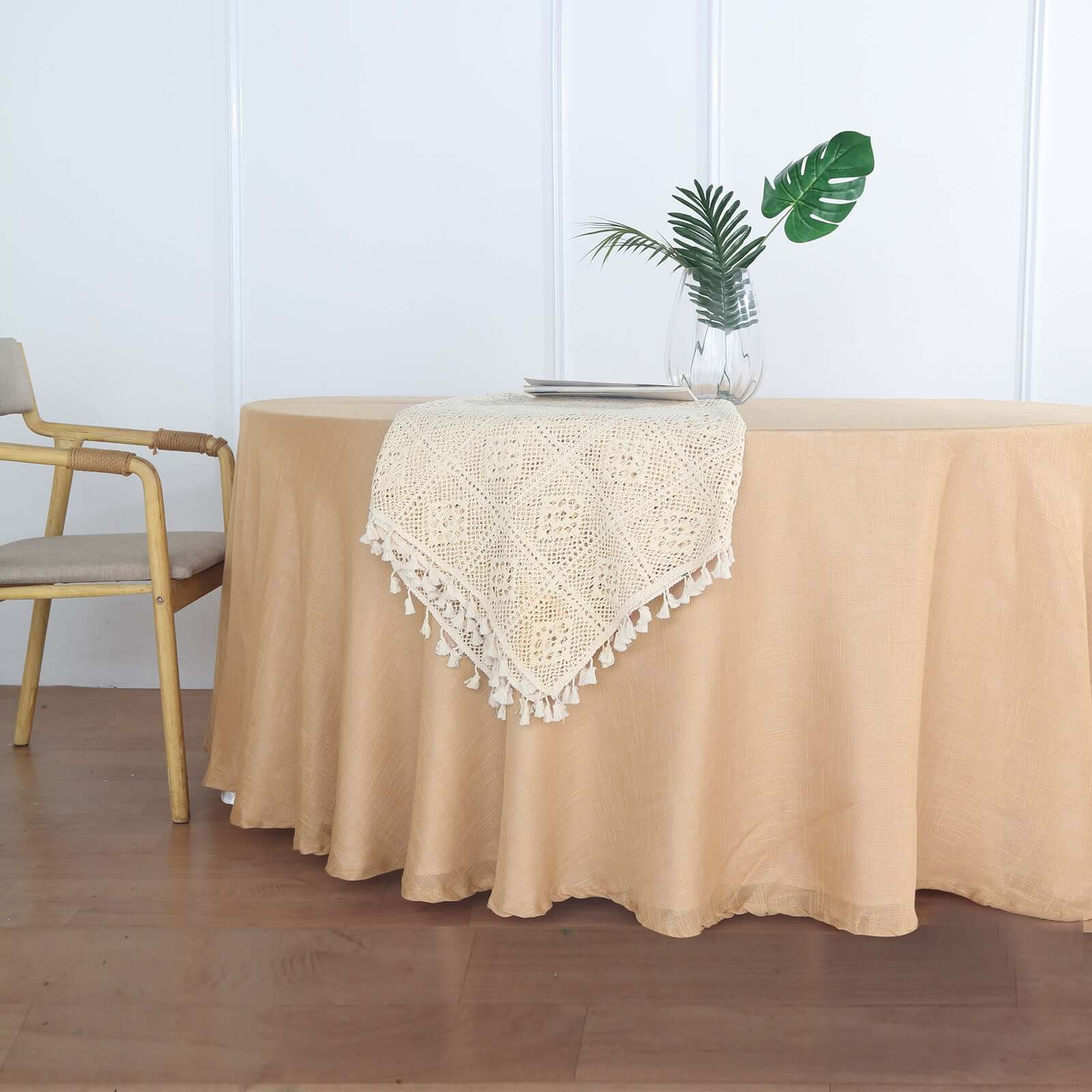 Faux Linen 120" Round Tablecloth Natural - Slubby Texture Wrinkle-Resistant Seamless Table Cover