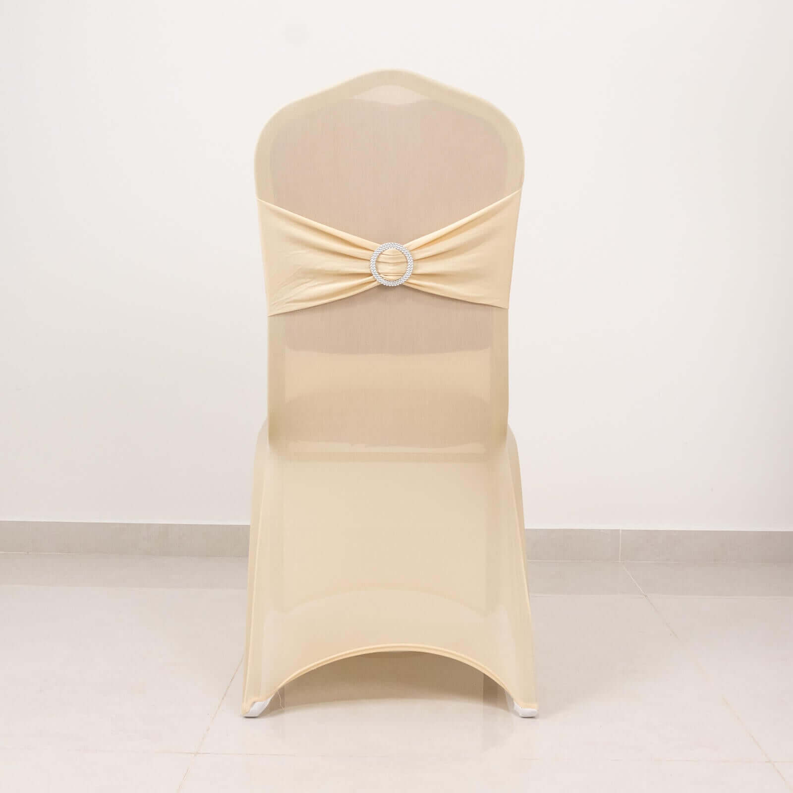 Spandex Chair Cover with Silver Rhinestone Buckled Sash Band Beige - Stretch Fitted Slipcover