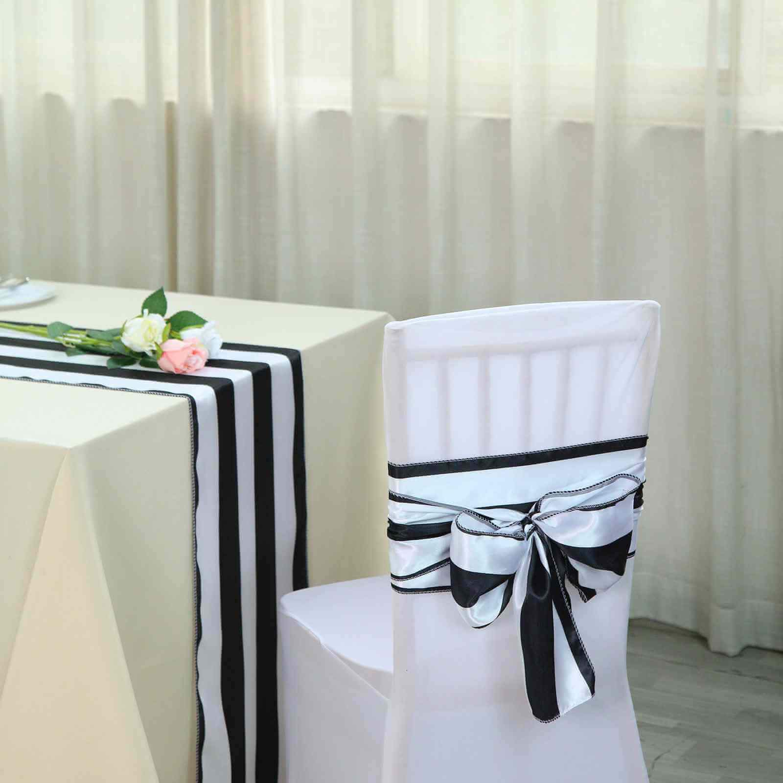 5 Pack Satin 6"x108" Chair Sashes Black/White Stripes - Sophisticated Decor for Weddings & Gatherings