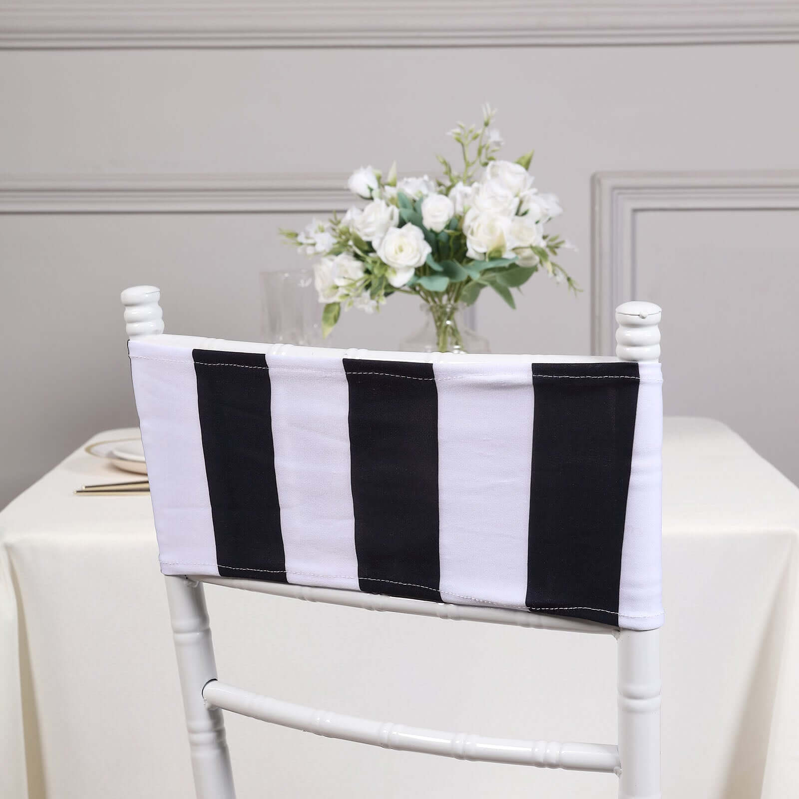 5 Pack Spandex Chair Sashes Black/White Vertical Stripes - Easy to Use & Wrinkle-Free Stretch Chair Bands for Stunning Tablescapes 5"x14"