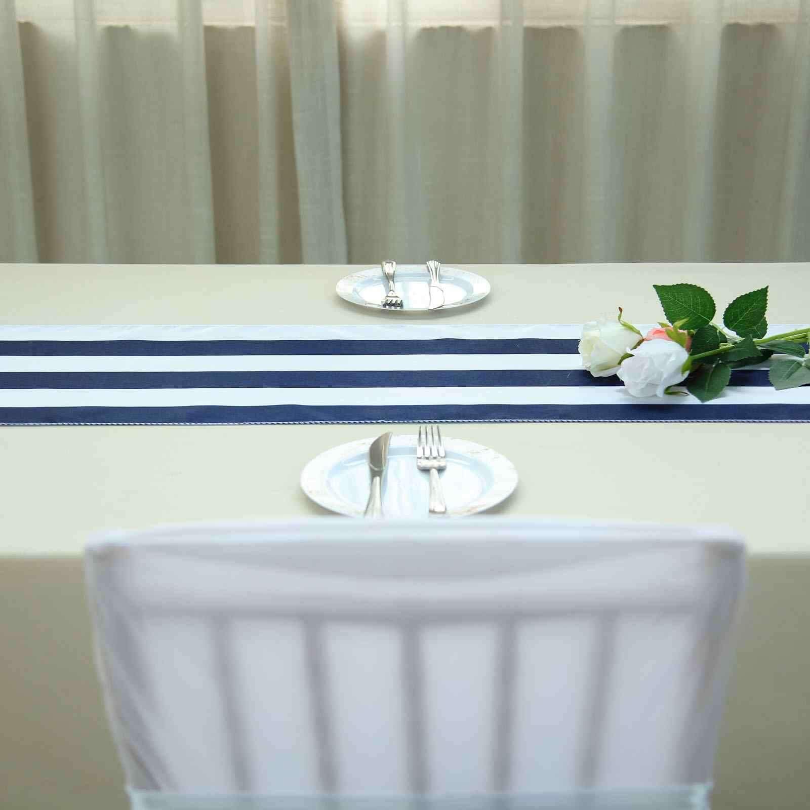 Satin 12"x108" Table Runner Navy Blue/White Stripe - Classic Striped Design
