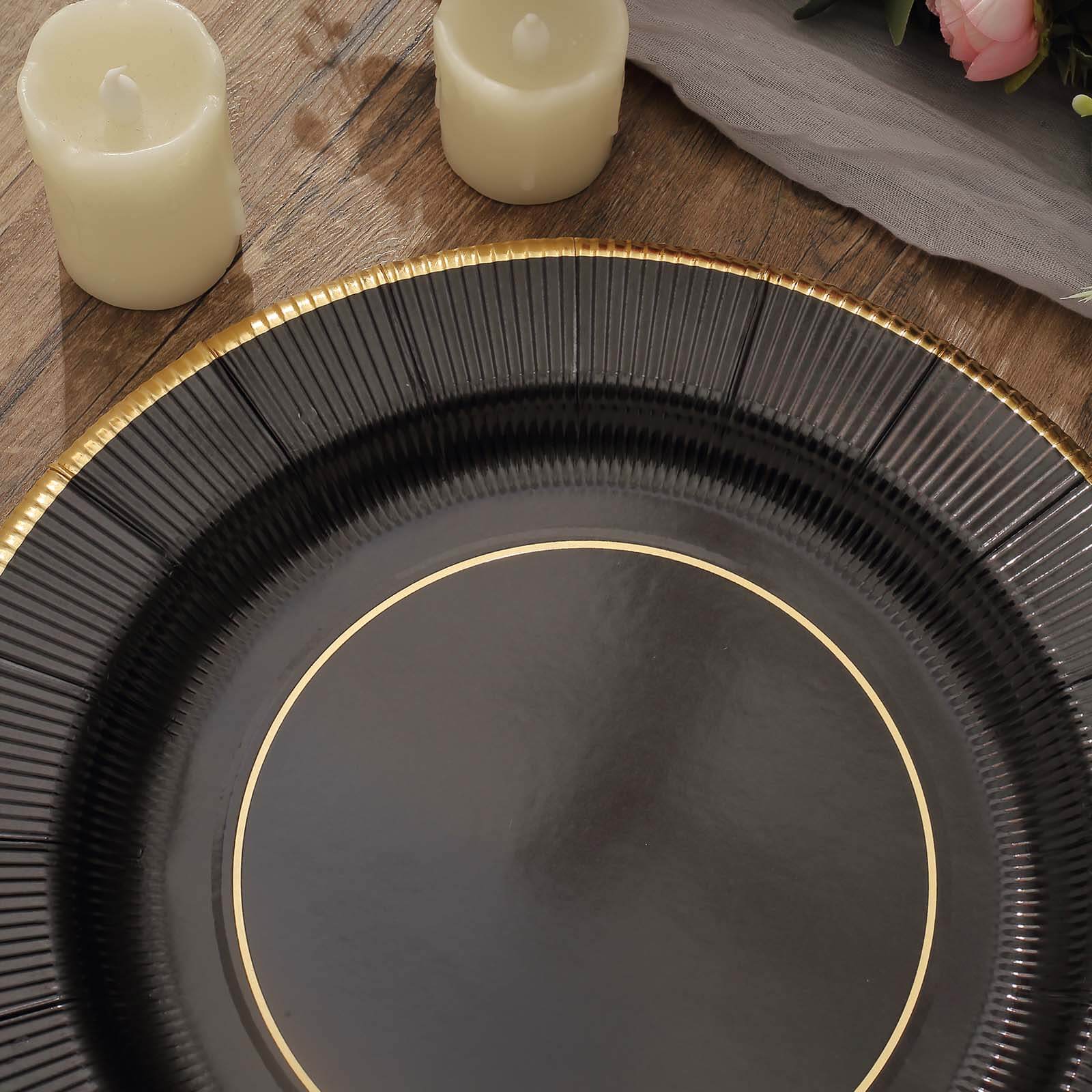 25-Pack Disposable Round Charger Plates in Black Sunray Design with Gold Rim - 350GSM Heavy Duty Paper Chargers 13"
