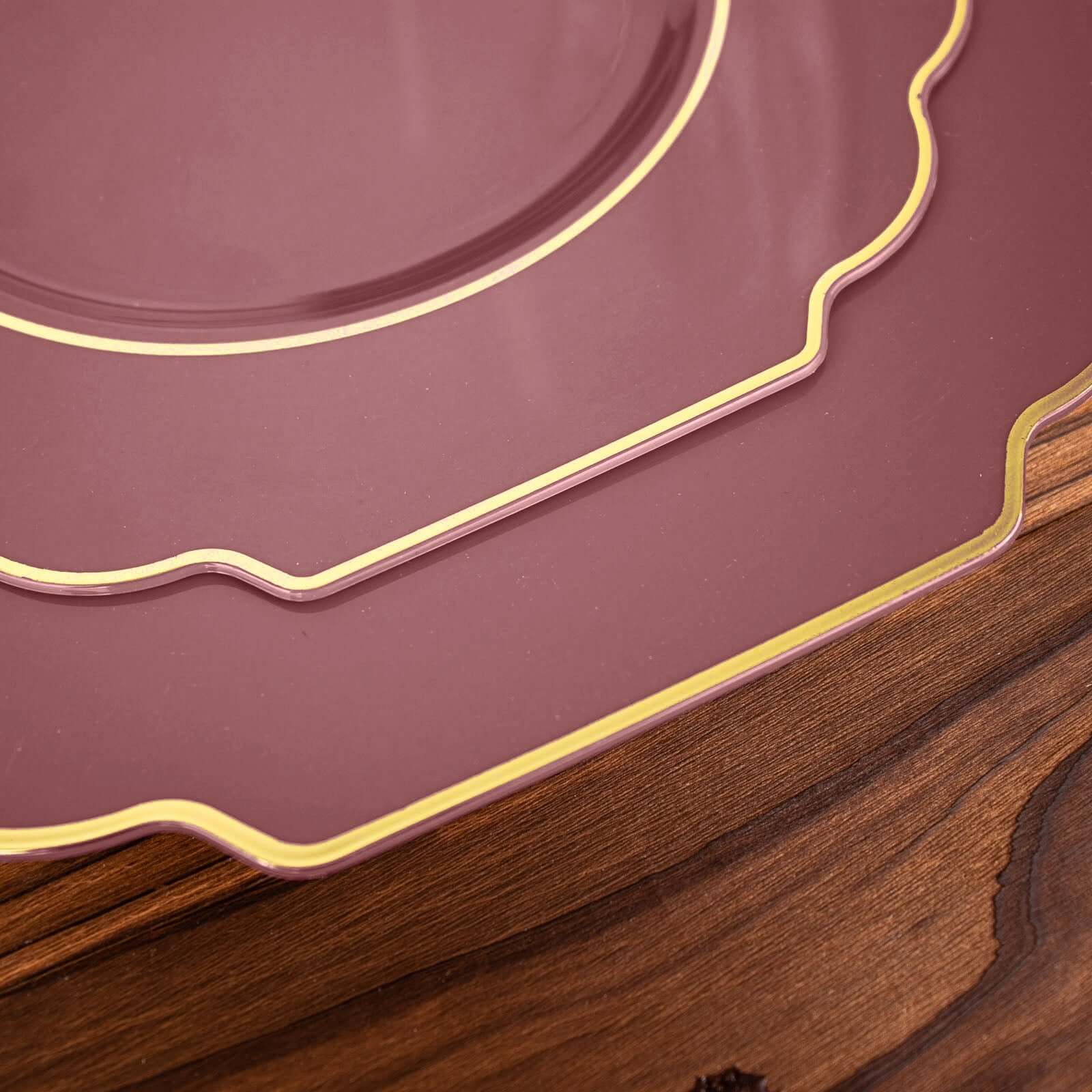 10-Pack Plastic Dinner Plates in Cinnamon Rose Baroque Design with Scalloped Gold Rim - Heavy Duty Disposable Party Plates 11"