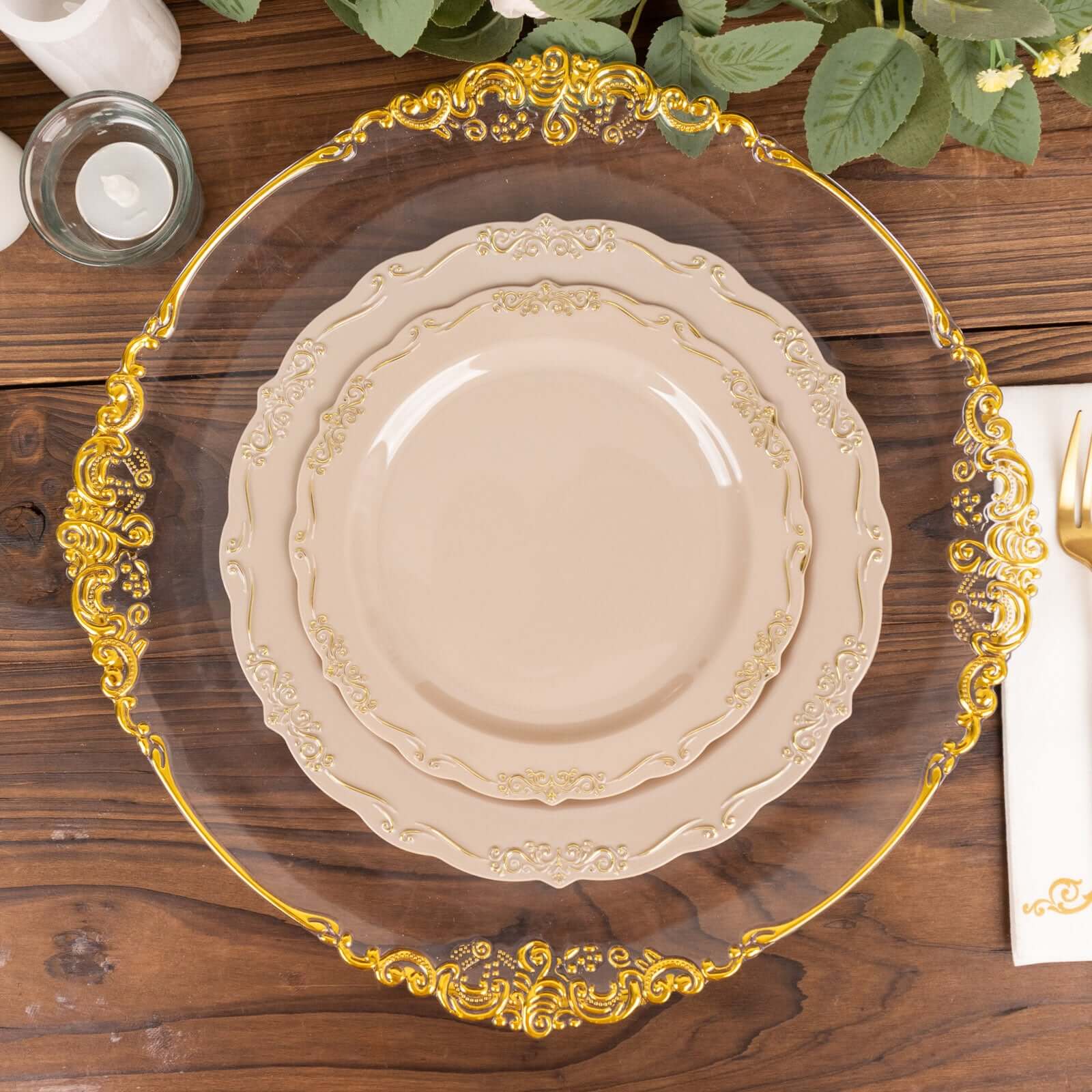10-Pack Plastic 7" Round Dessert Plates in Taupe with Gold Vintage Embossed Rim - Sturdy Disposable Scalloped Edge Salad Plates