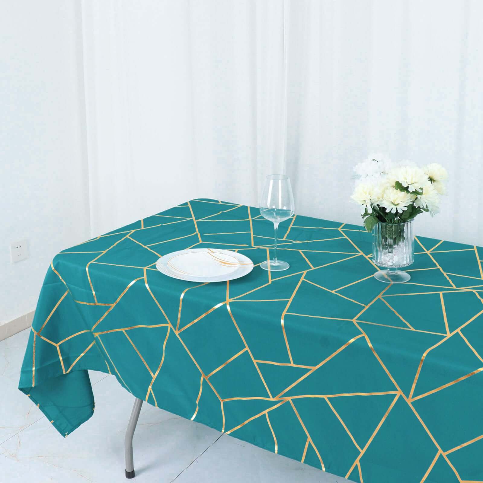 Polyester 60"x102" Rectangle Tablecloth Teal with Gold Foil Geometric Pattern - Wrinkle-Resistant & Durable Table Cover