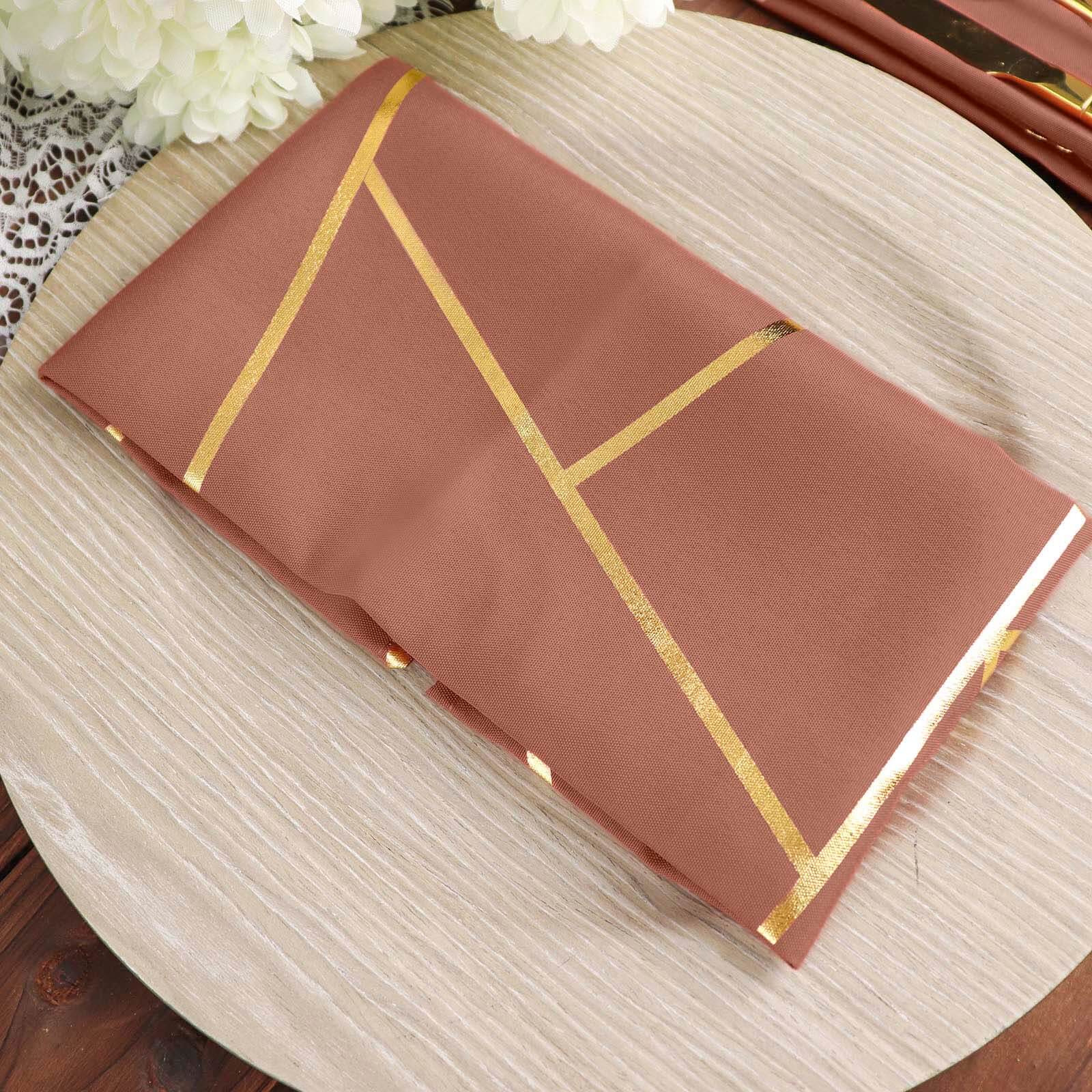 5 Pack Polyester 20"x20" Napkins Terracotta (Rust) with Gold Geometric Foil Pattern - Modern Reusable Dinner Napkins