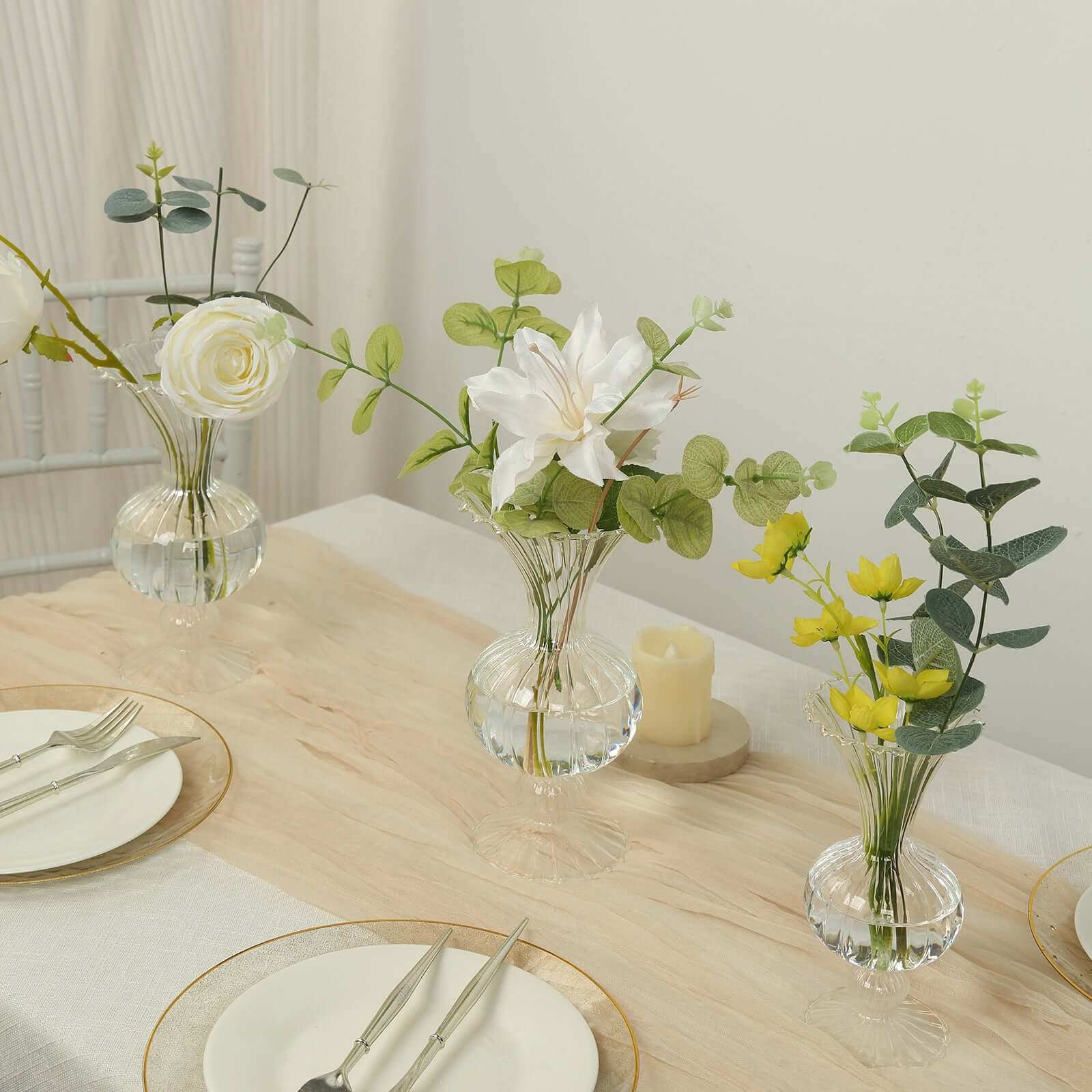 Set of 4 Glass Flower Vases Nordic Style with Petals Texture Clear - Transparent Bud Planters for Wedding Table Decor 7", 9"