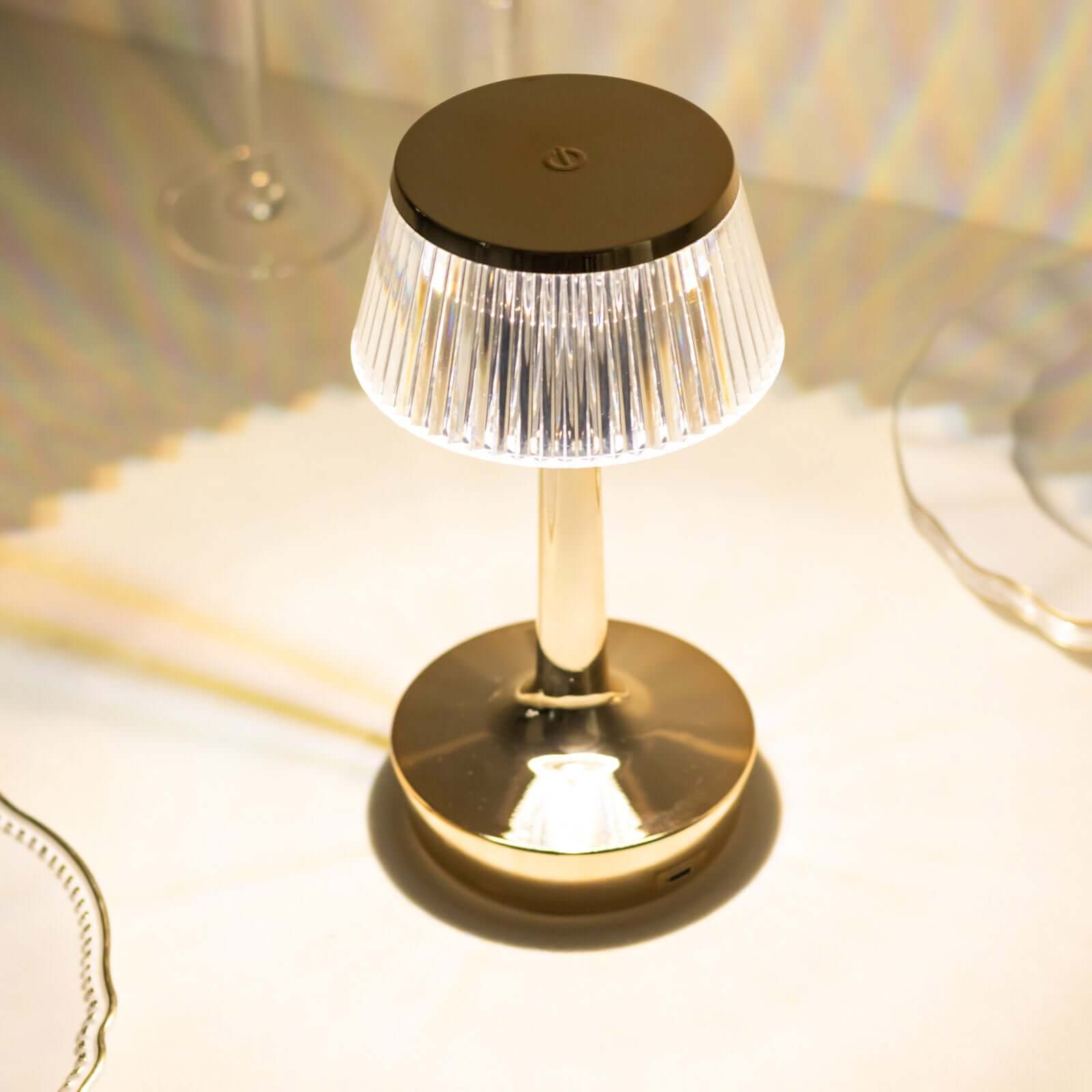 Acrylic LED Mushroom Table Lamp Clear Gold Color Changing Touch Control Night Light - Rechargeable Centerpiece 9"