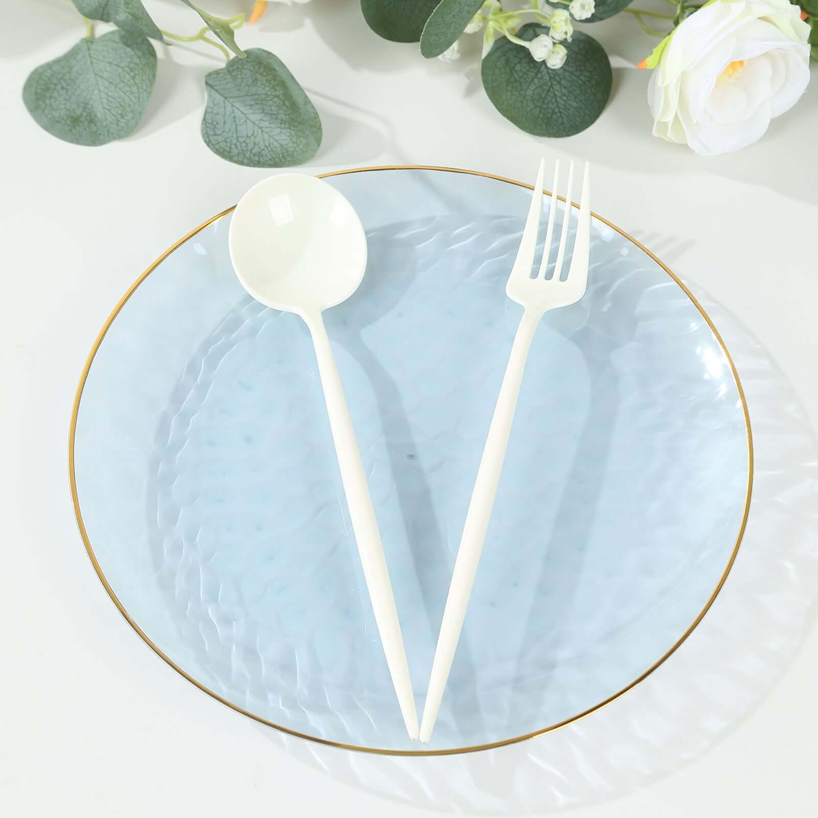 10-Pack Plastic 9" Round Dinner Plates in Transparent Dusty Blue Hammered Design with Gold Rim - Modern Disposable Party Plates