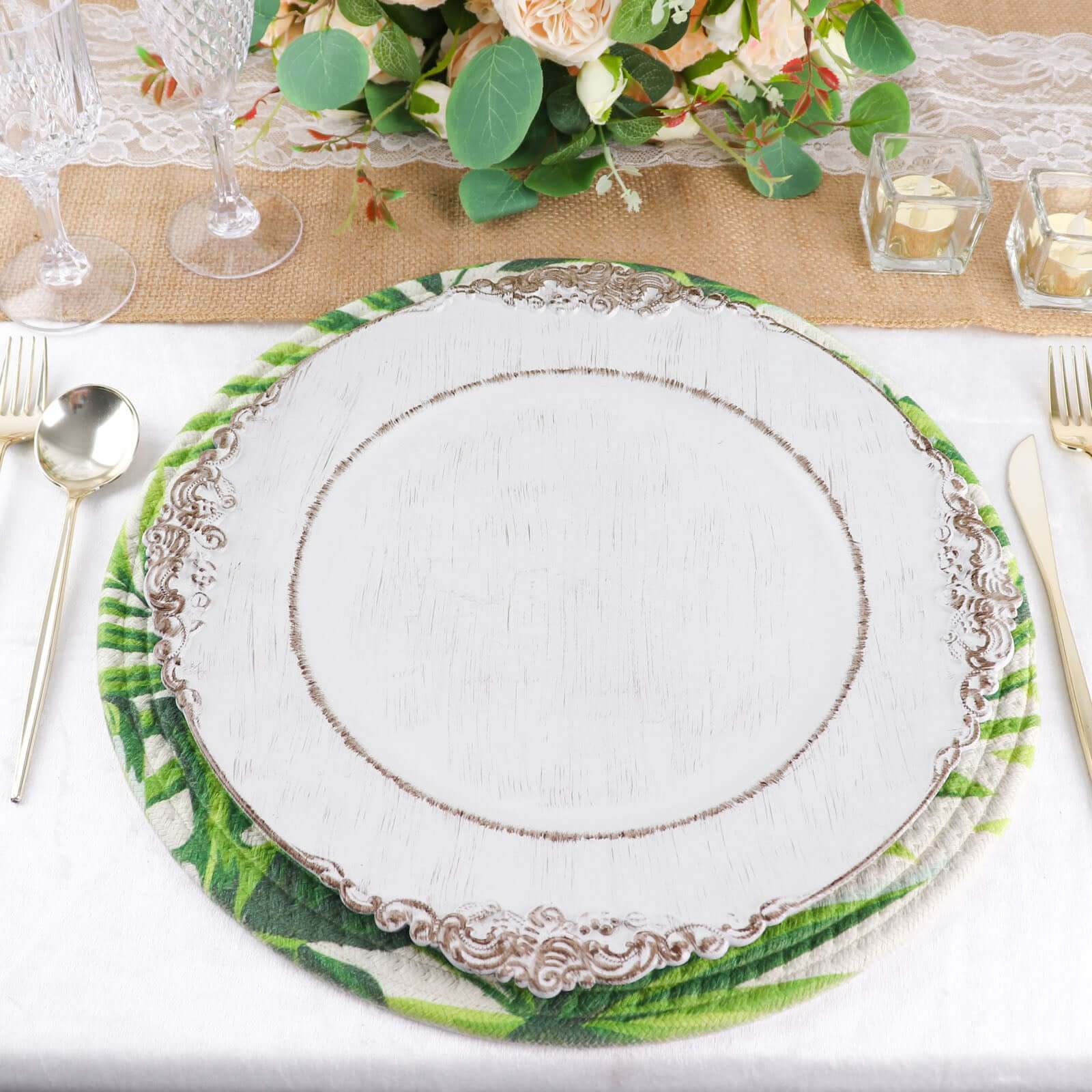 4-Pack Table Placemats Tropical Leaf Design Green Cotton Round - Woven Indoor/Outdoor Dining Mats 15"