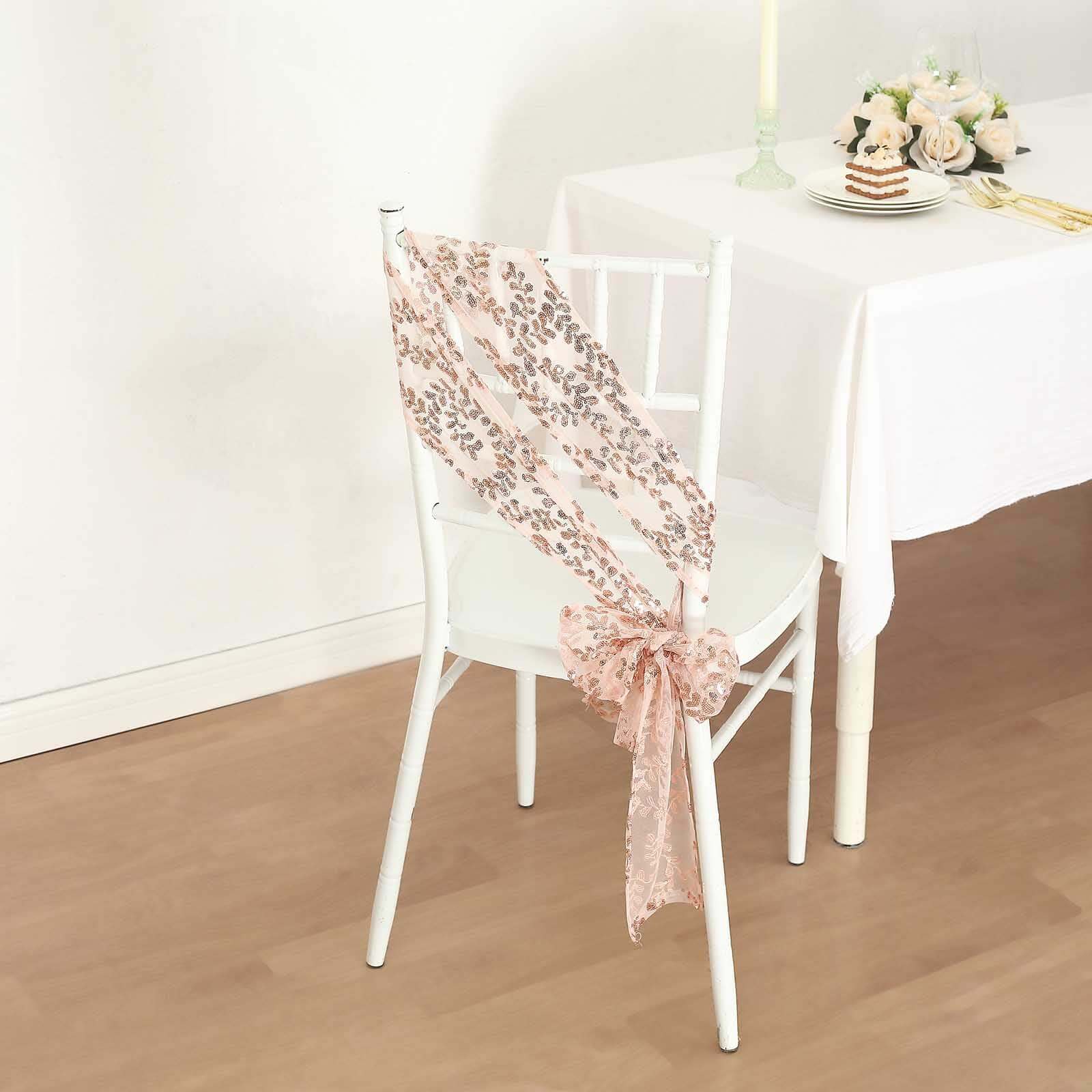 5 Pack Tulle Chair Sashes with Leaf Vine Embroidered Sequins Rose Gold 6"x88"