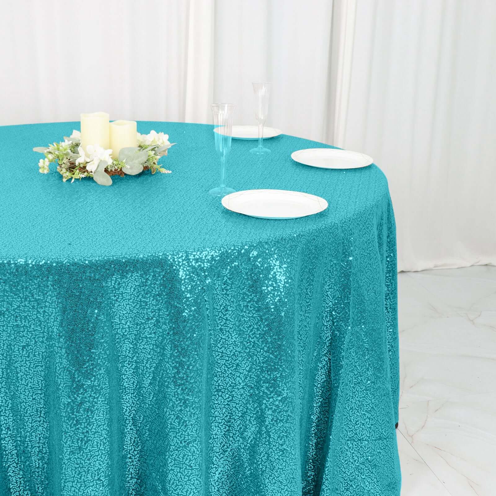 Sequin 120" Round Tablecloth Turquoise - Seamless Glittering Table Cover