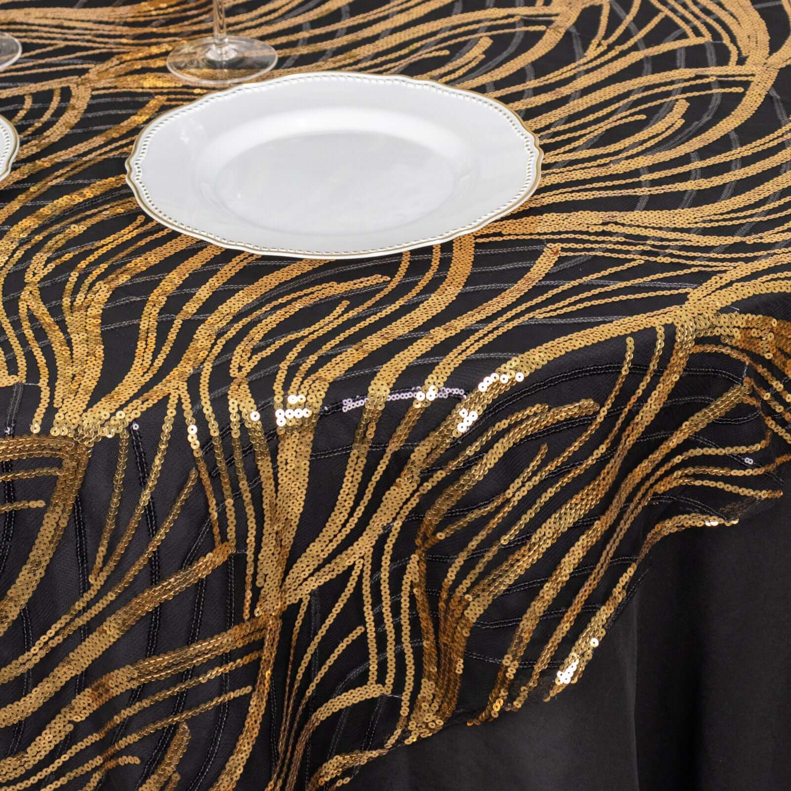 Mesh 72"x72" Table Overlay Square Tablecloth Black Gold - Wave Embroidered Sequins Table Topper