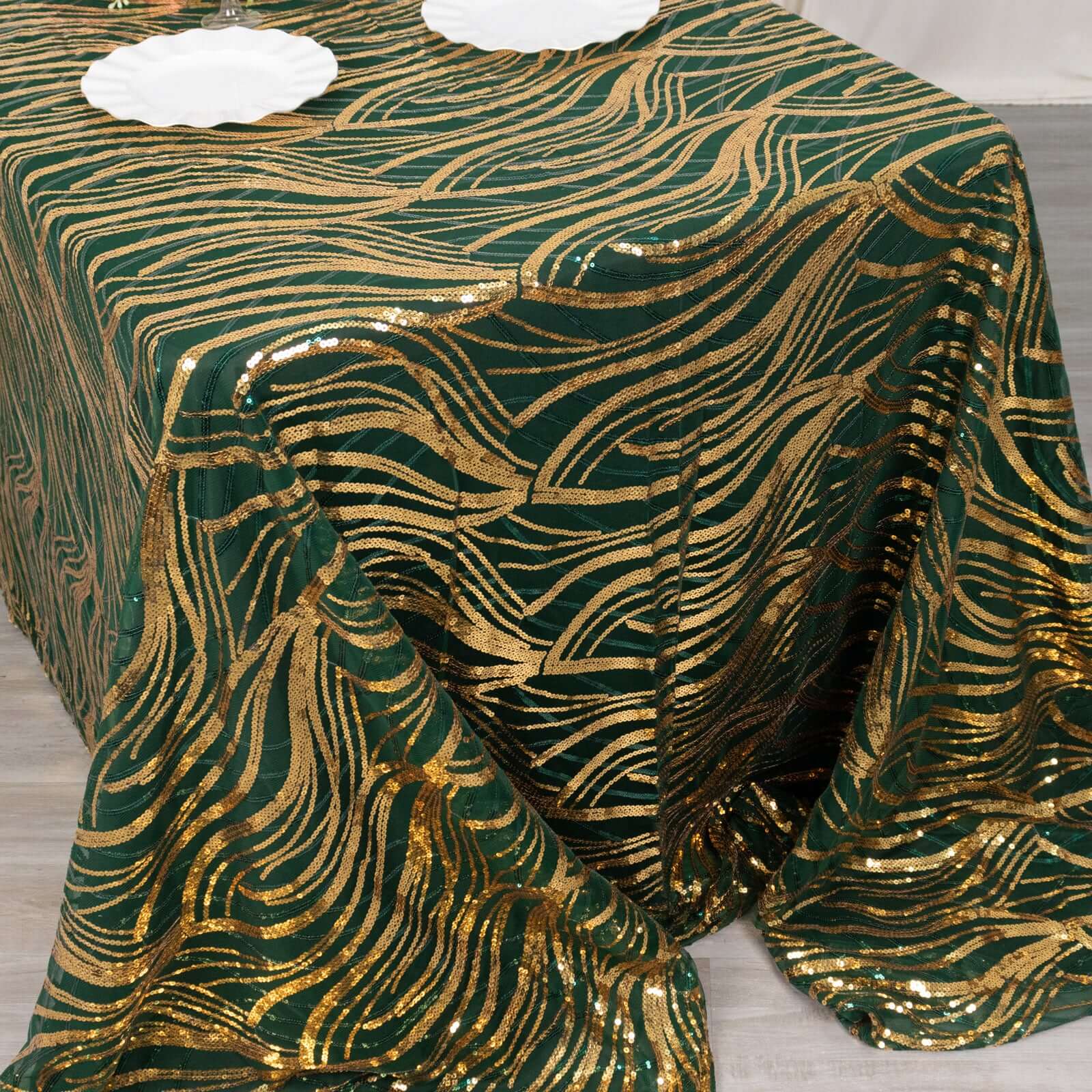 Mesh 90"x156" Rectangle Tablecloth Hunter Emerald Green/Gold - Wave Sequin Embroidered Table Cover