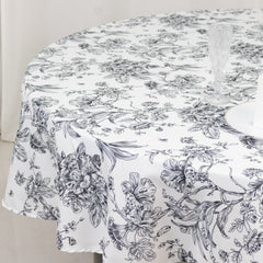 Polyester 90" Round Tablecloth White - Black French Toile Pattern for Chic Weddings