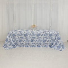Polyester 90"x156" Rectangle Tablecloth White - Seamless Blue French Toile Pattern for Chic Weddings