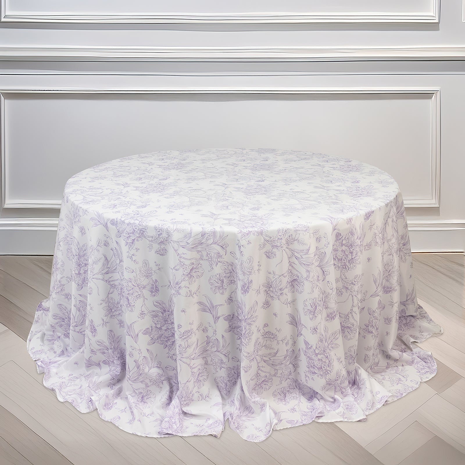 Polyester 132" Round Tablecloth White - Lavender Lilac French Toile Pattern for Chic Weddings