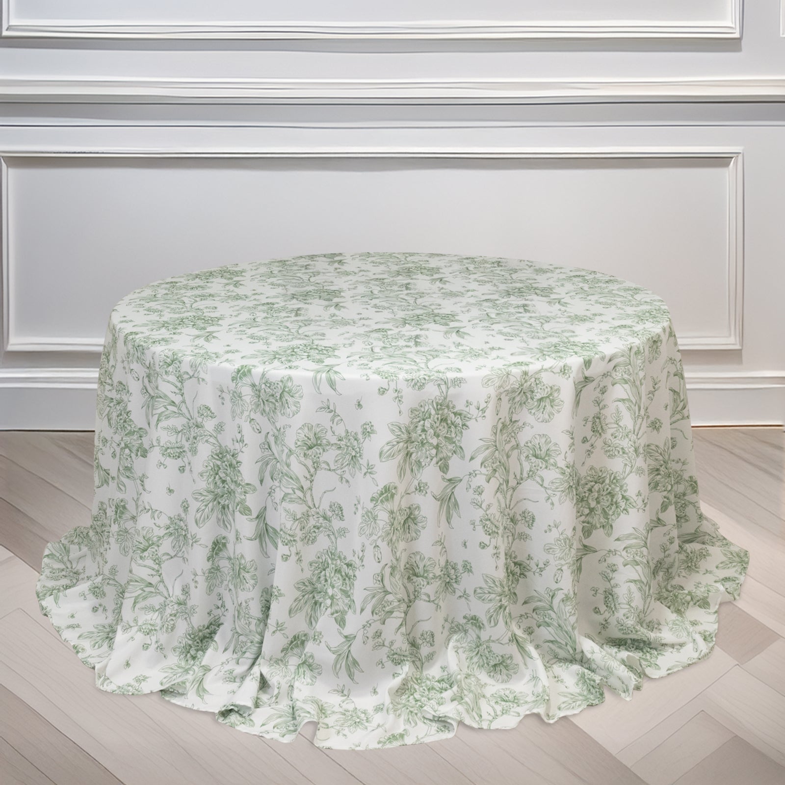 Polyester 132" Round Tablecloth White - Dusty Sage Green French Toile Pattern for Chic Weddings
