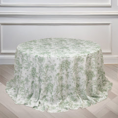 Polyester 132" Round Tablecloth White - Dusty Sage Green French Toile Pattern for Chic Weddings