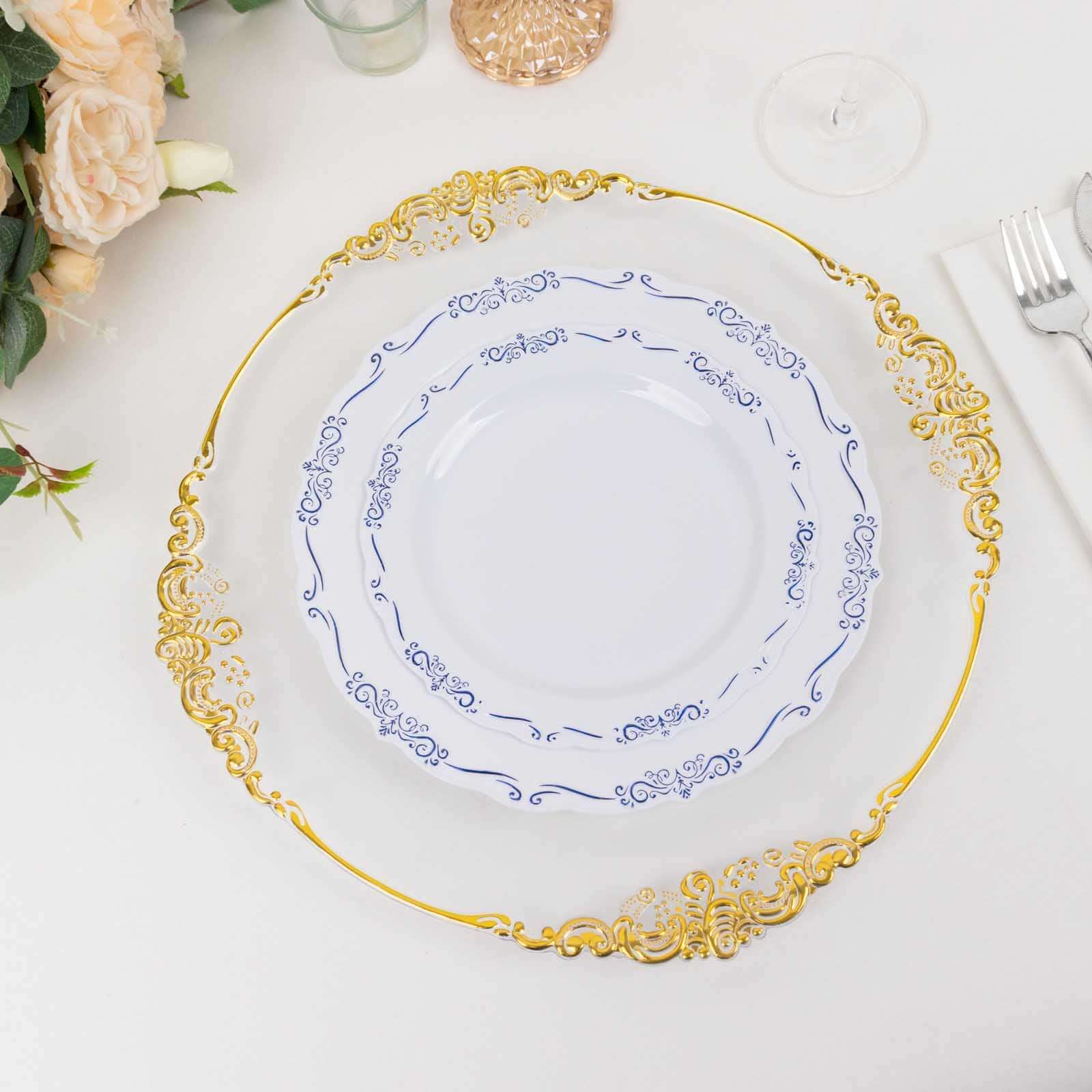 10-Pack Plastic 10" Round Dinner Plates in White with Blue Vintage Embossed Rim - Sturdy Disposable Scalloped Edge Party Plates