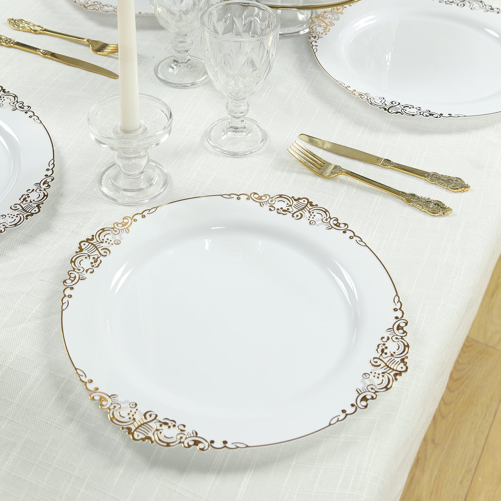 20-Pack Economy Plastic Round Charger Plates 13" in White with Gold Embossed Baroque Rim, Stylish Dinner Party Serving Plates