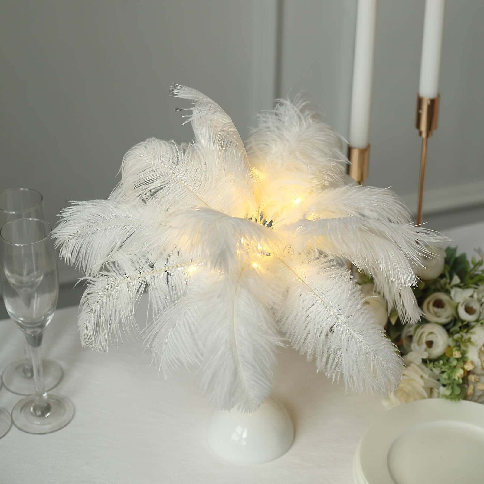 Table Lamp Ostrich Feather Design White LED Battery Operated - Cordless Wedding Centerpiece 15"
