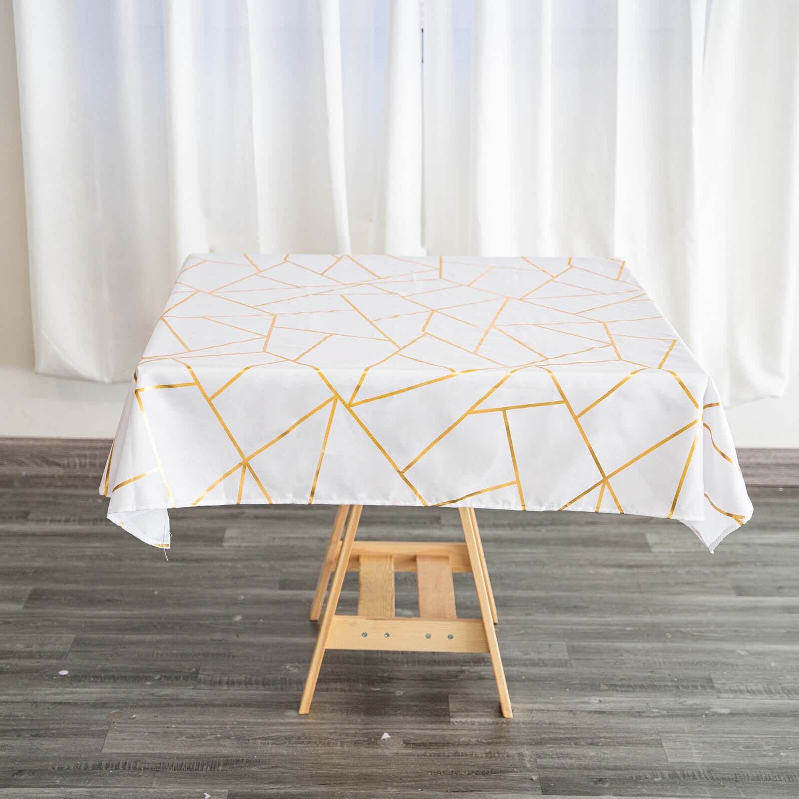 Polyester 54"x54" Square Tablecloth White with Gold Foil Geometric Pattern - Wrinkle-Resistant & Durable for Stylish Settings