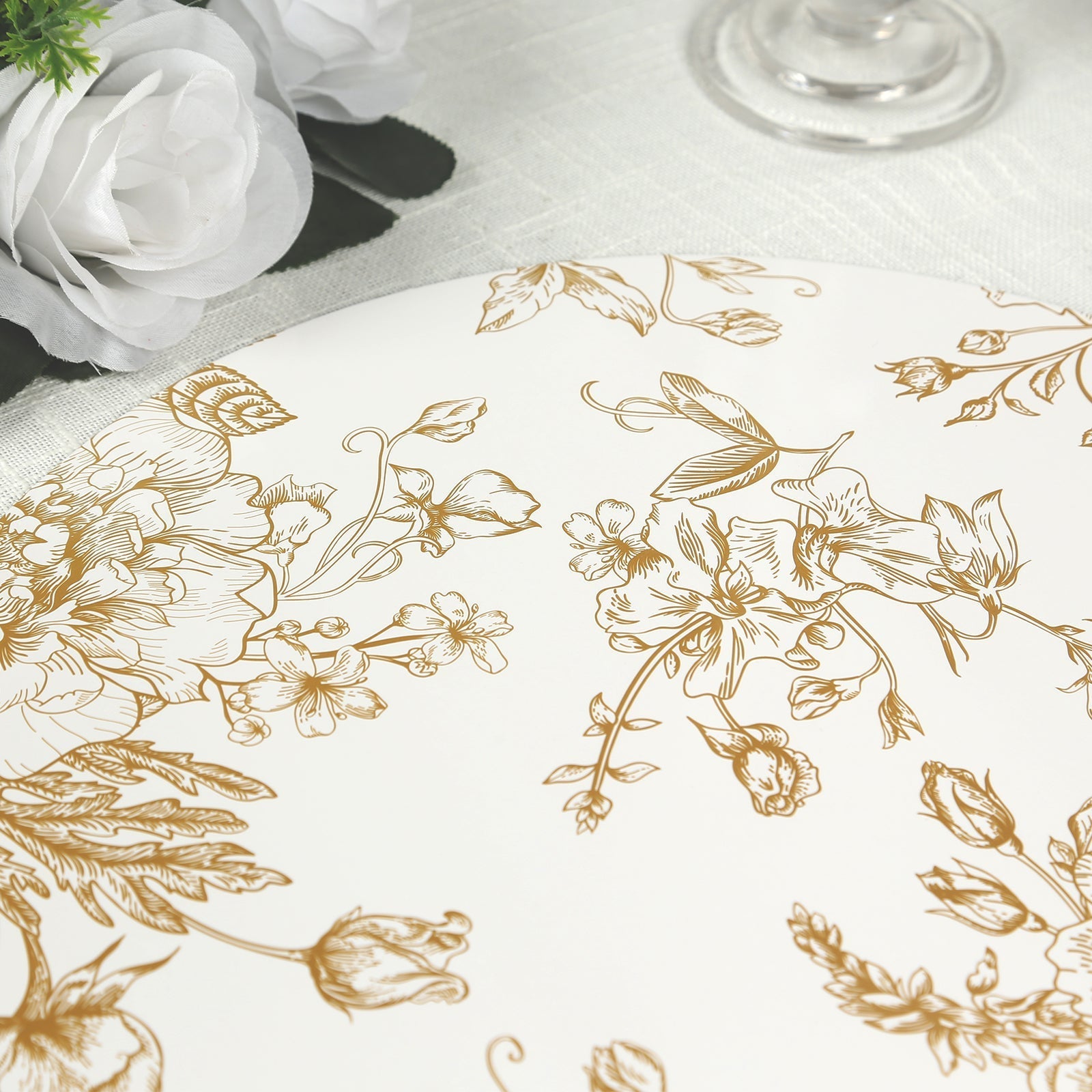 6-Pack Disposable Table Placemats in French Toile Print 13" in White/Gold - Chic Floral Cardboard Placemats for Stylish Table Setting