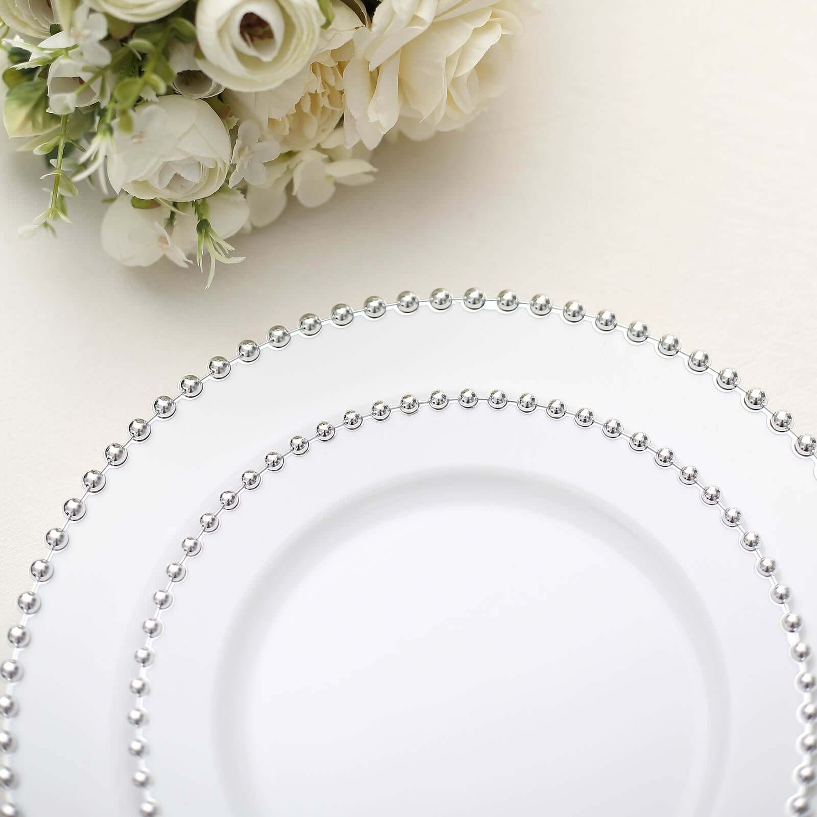 10-Pack Plastic 10" Round Dinner Plates in White with Silver Beaded Rim - Disposable Party Plates for Banquets & Festive Occasions