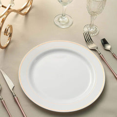10-Pack Plastic Dinner Plates White with Très Chic Rose Gold Rim - Perfect Disposable Party Plates 10"