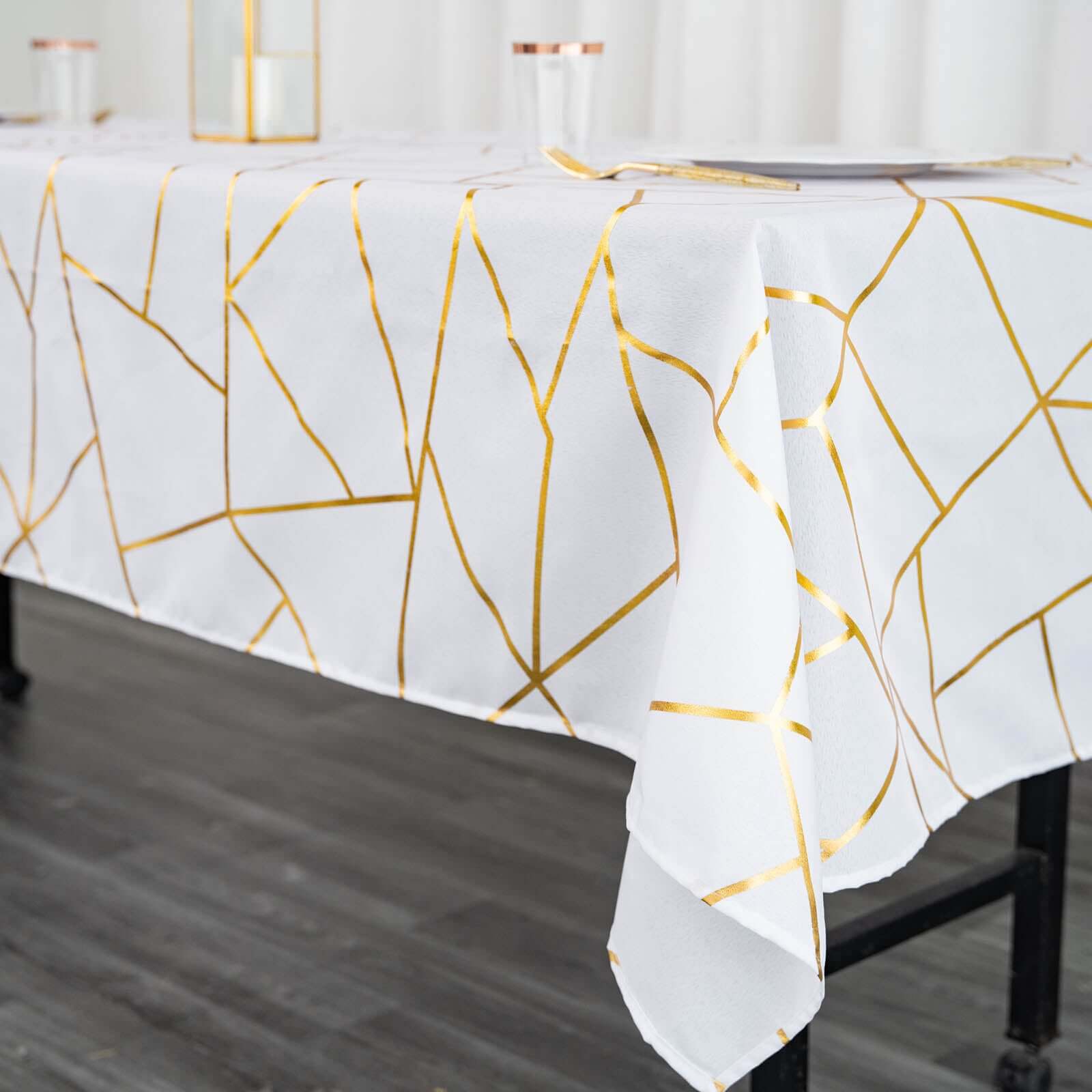 Polyester 60"x102" Rectangle Tablecloth White with Gold Foil Geometric Pattern - Wrinkle-Resistant and Durable Table Cover for Weddings & Events