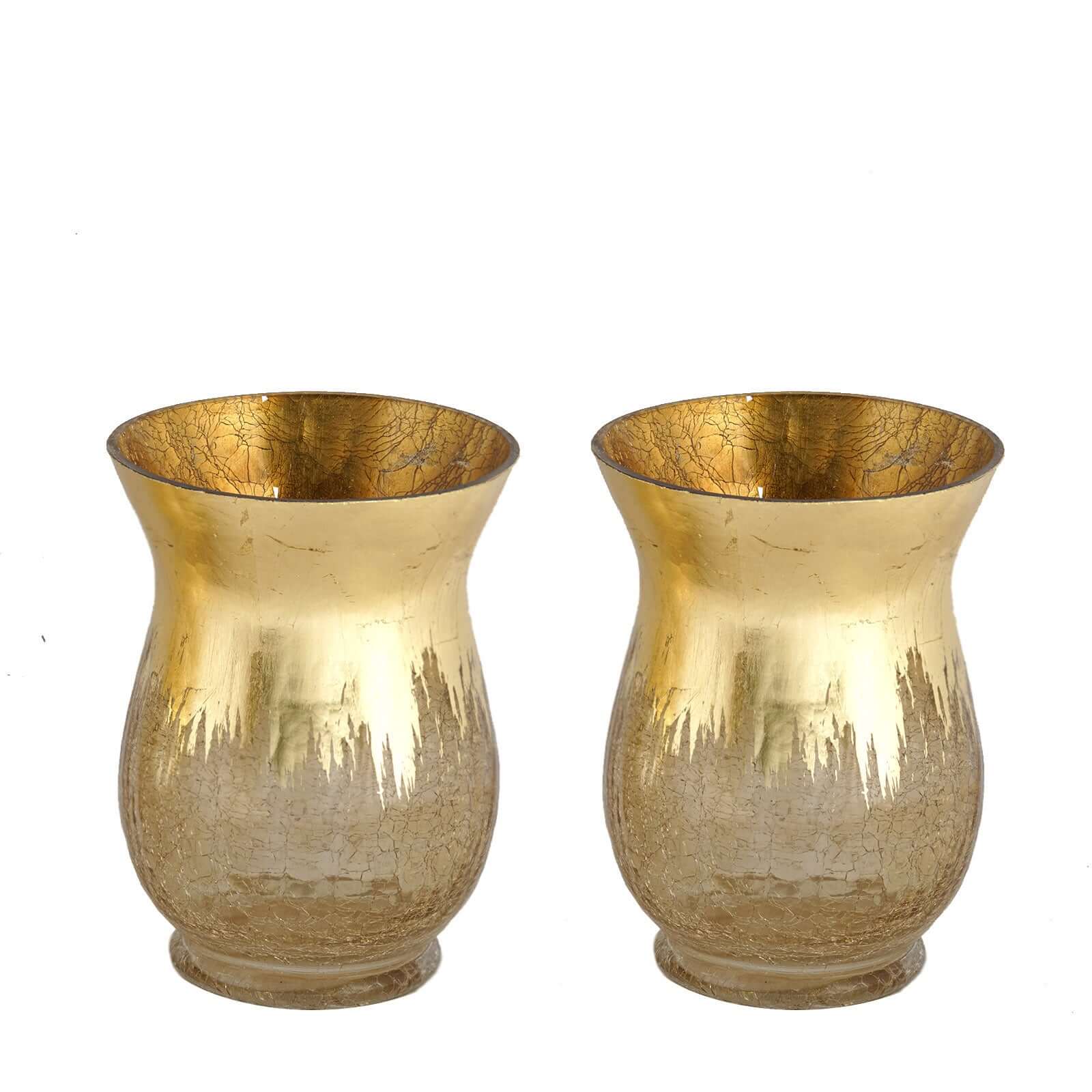 2-Pack Glass Hurricane Vases Bell Shaped Crackle Gold Curvy Design - Stylish Candle Holder Centerpieces 8"