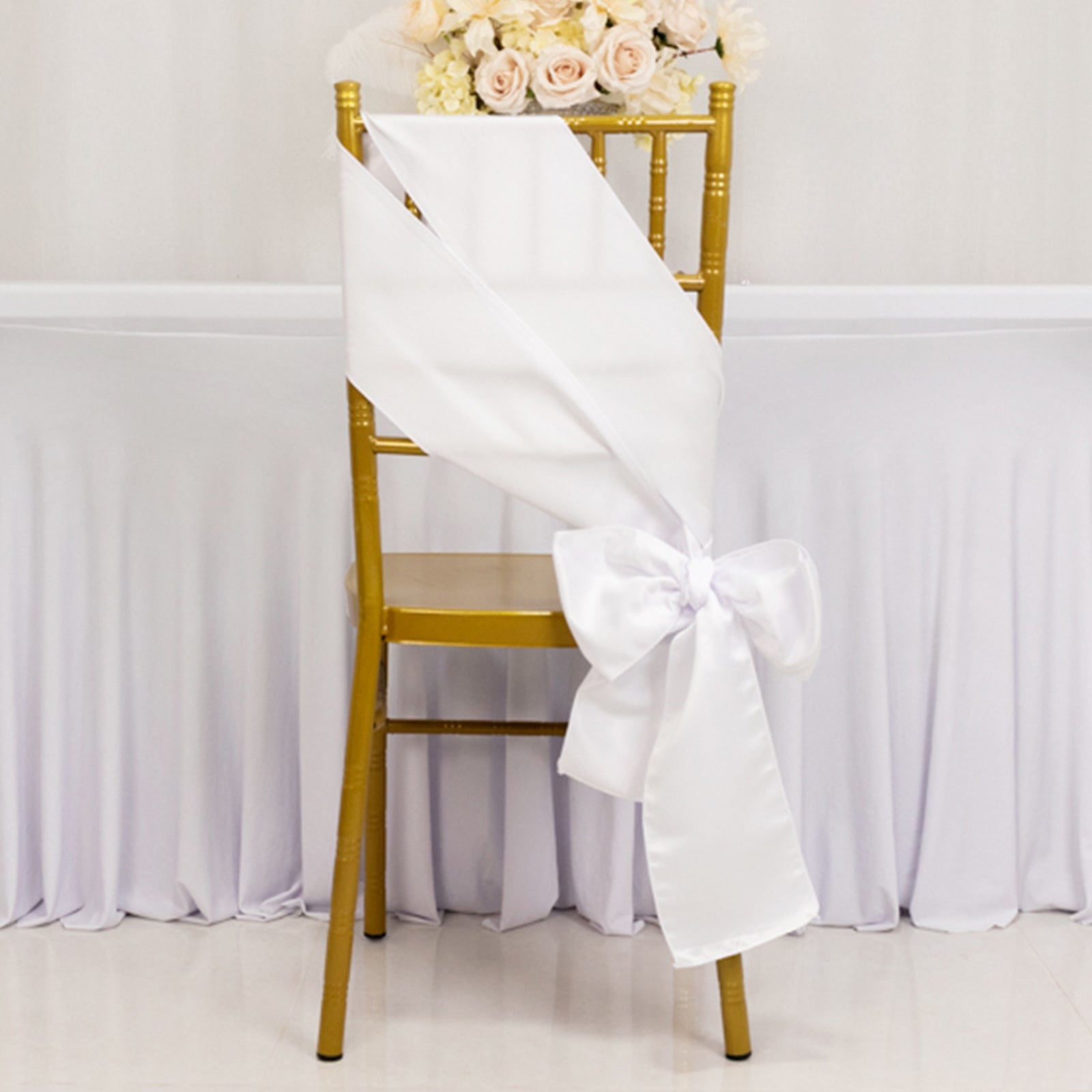 5 Pack Lamour Satin 6"x106" Chair Sashes White - Stylish Reusable Decorative Bows for Weddings & Gatherings