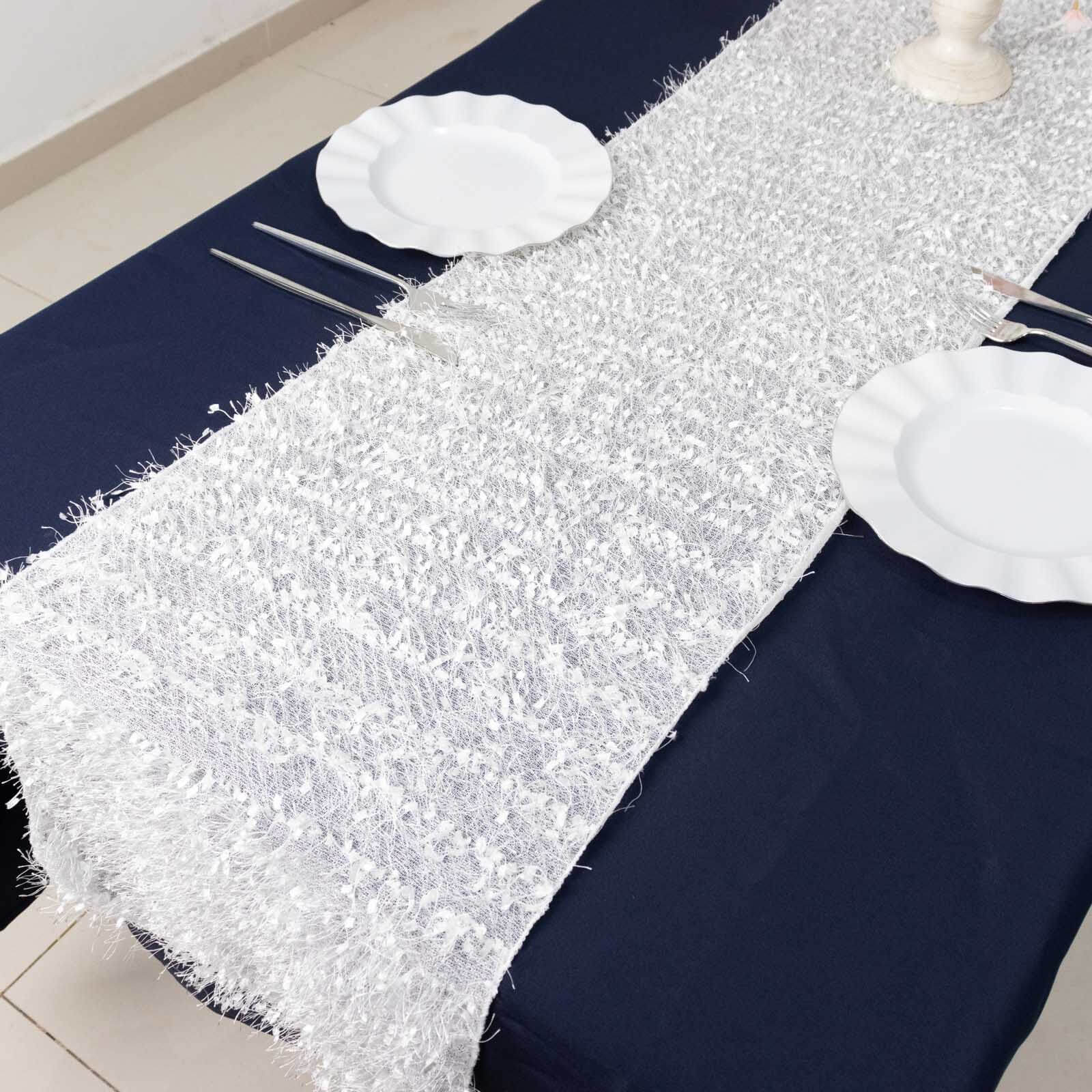 Polyester 12"x108" Table Runner White - Fringe Shag Table Decor