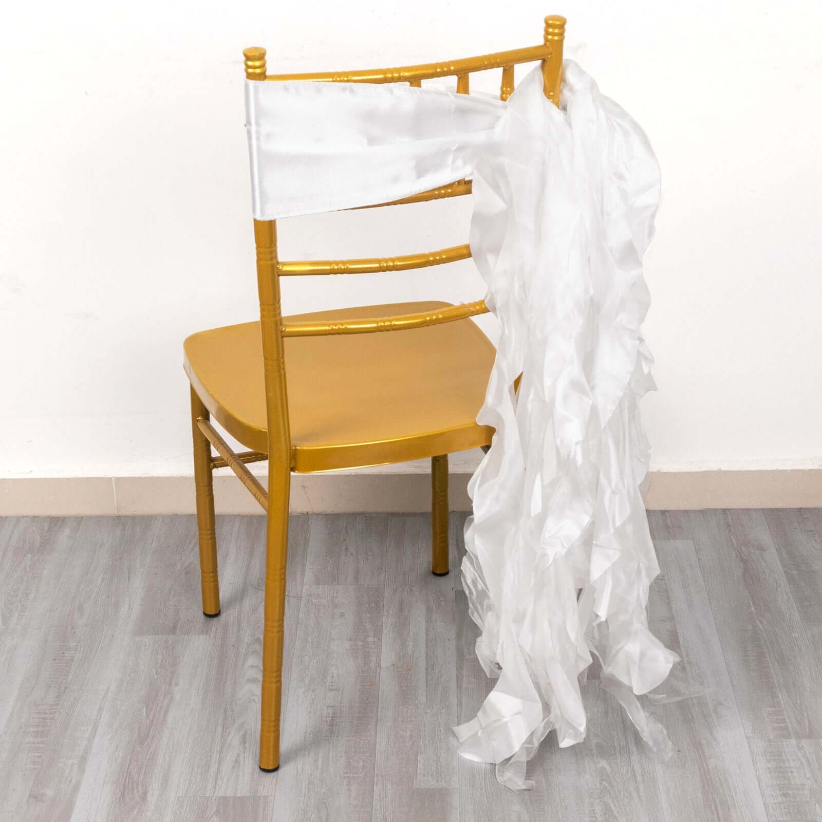 5 Pack Chiffon Satin Chair Sashes White - Easy to Install Lustrous Ruffled Curly Willow Wedding Chair Decorations