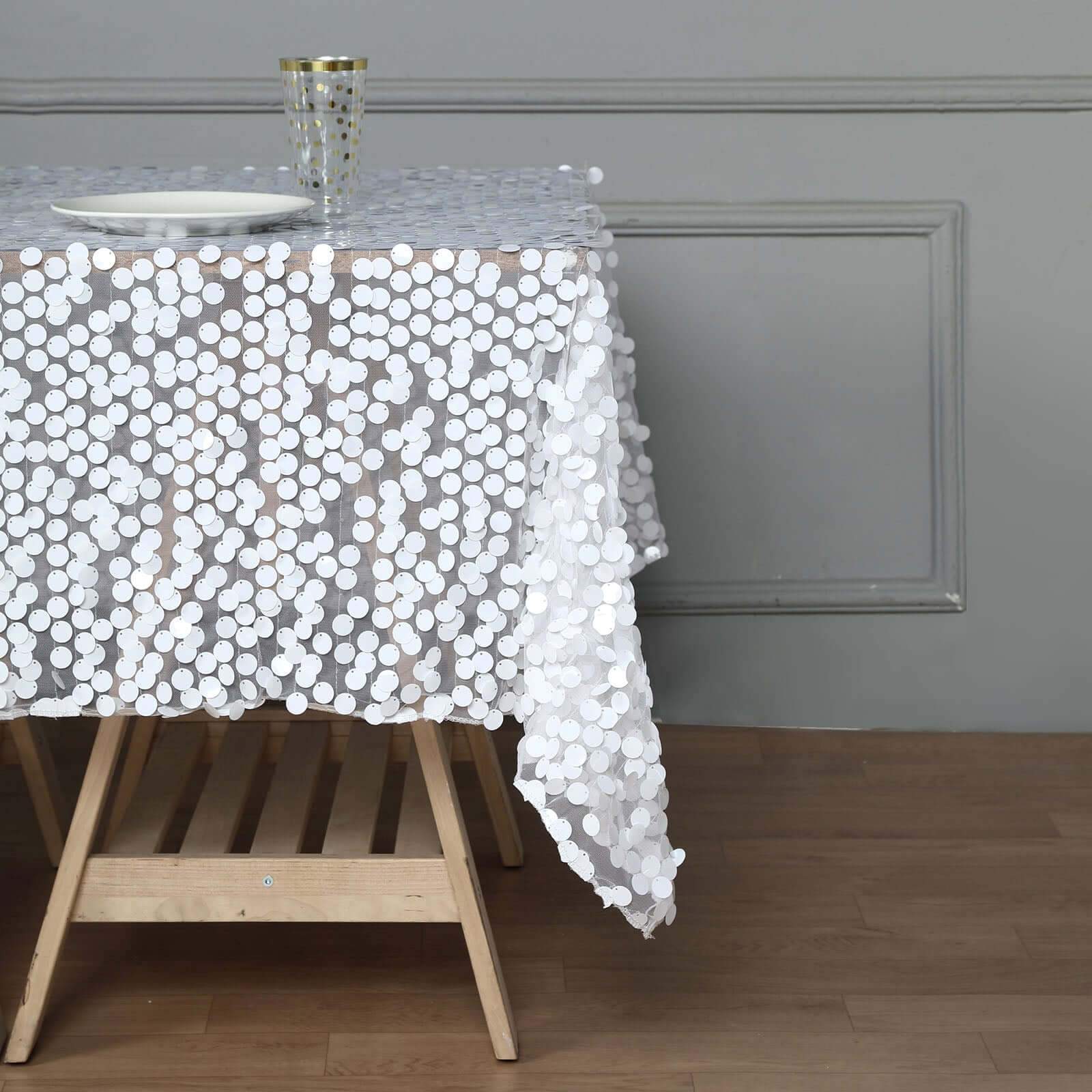 Sequin 72"x72" Table Overlay Square Tablecloth White - Big Payette Design for Classy Celebrations