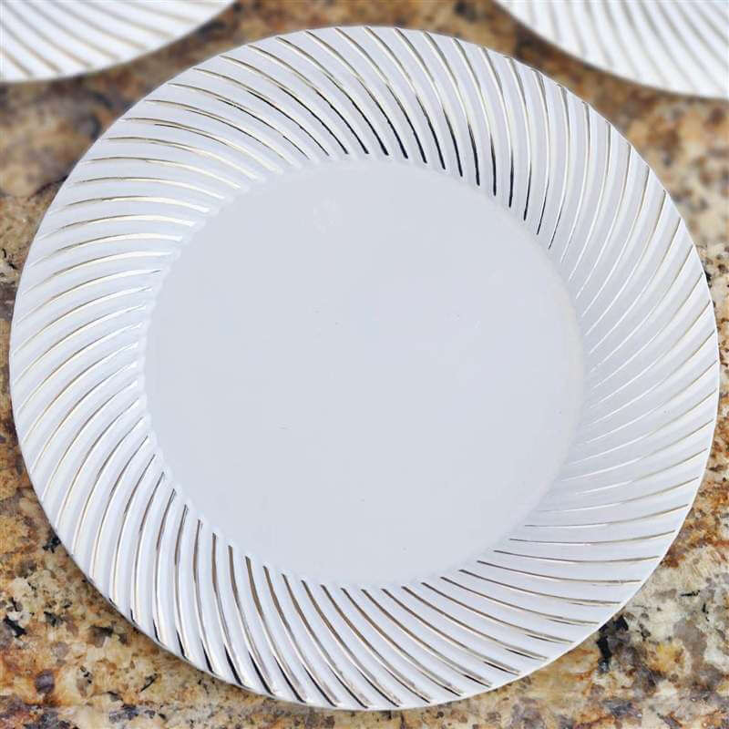 10-Pack Plastic 9" Round Dinner Plates White with Silver Swirl Rim - Disposable Party Plates