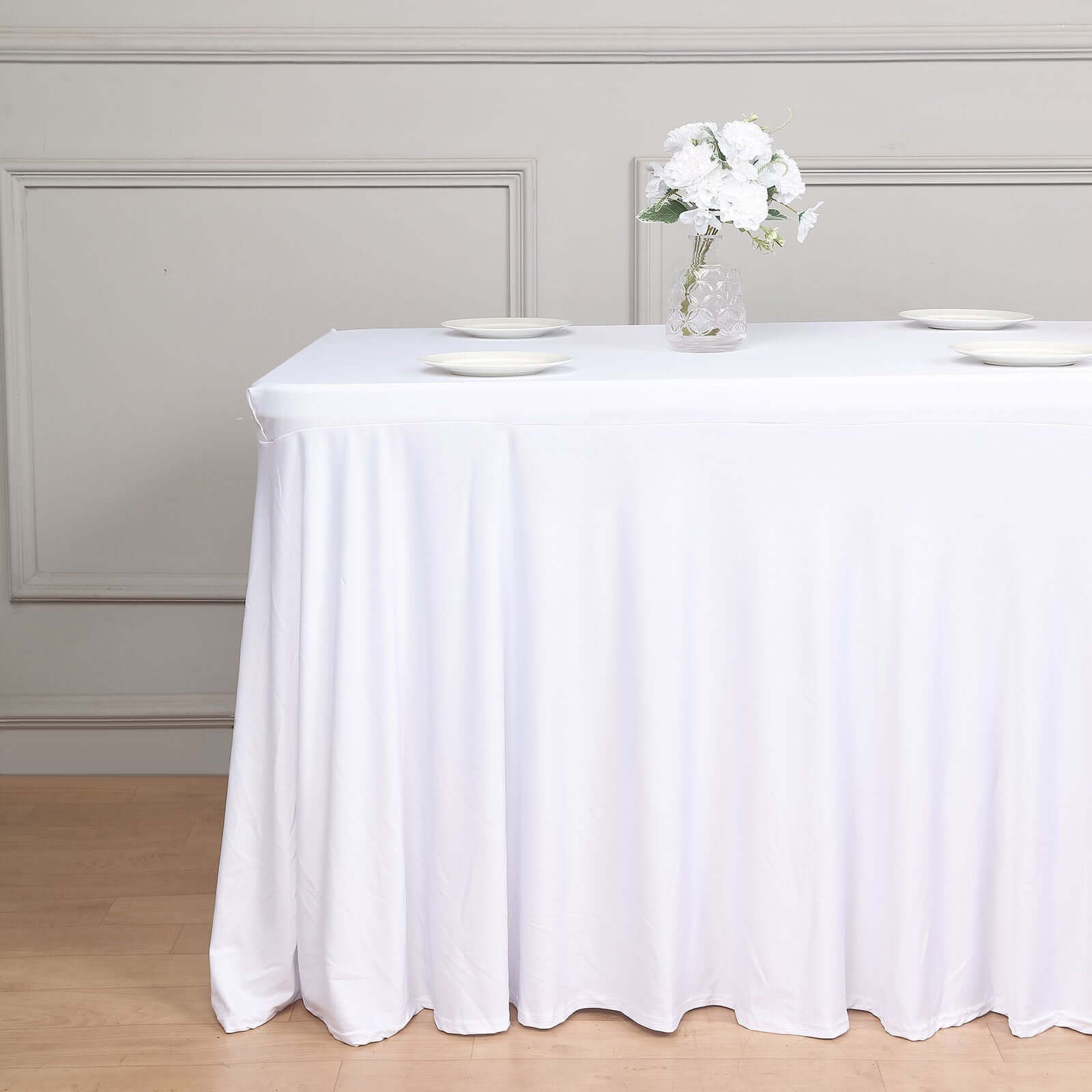 Spandex Rectangle 72"x30" Table Skirt White with Wavy Skirt-Like Effect Stylish Table Cover for Weddings, Banquets & Trade Shows