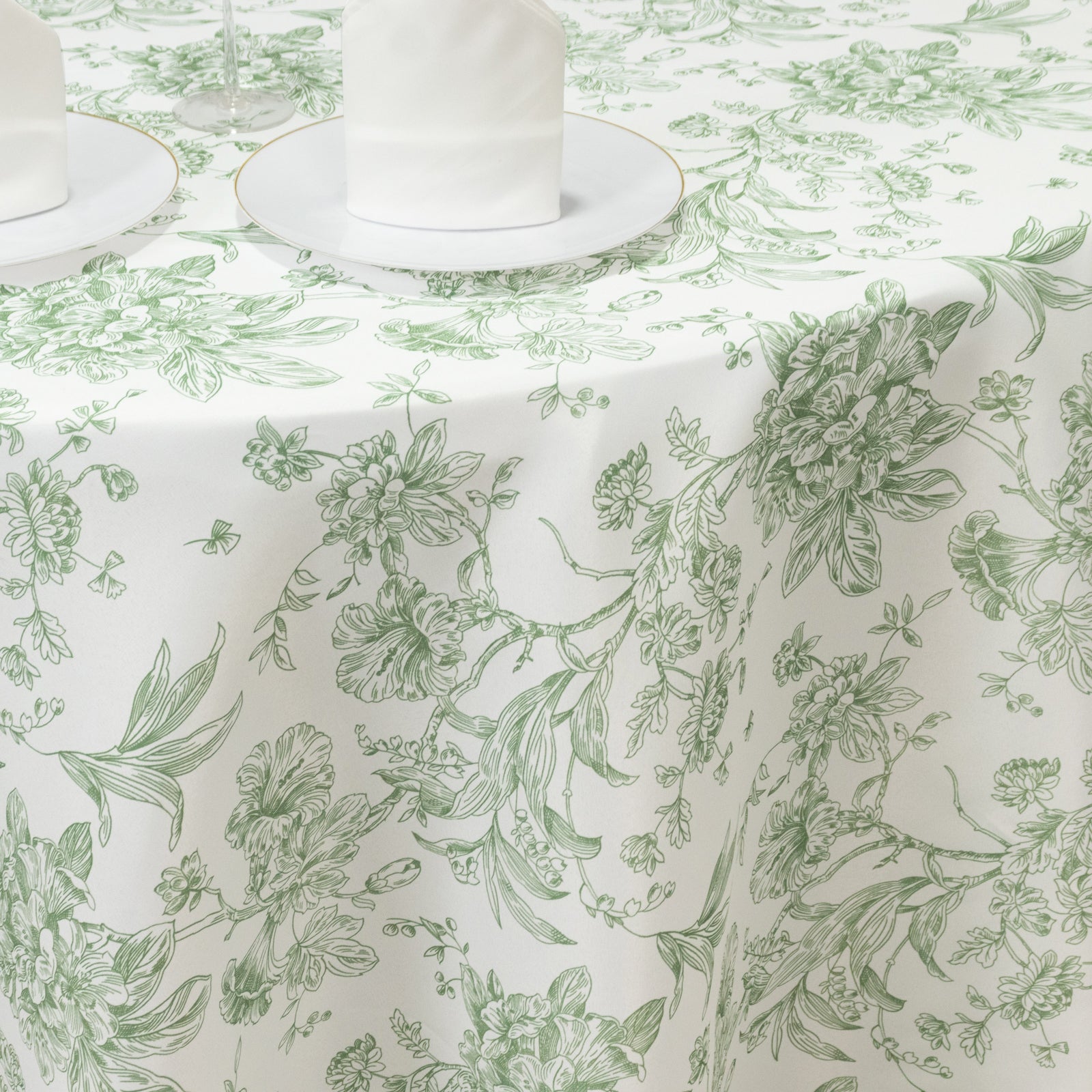 Polyester 120" Round Tablecloth White - Dusty Sage Green French Toile Pattern for Chic Weddings