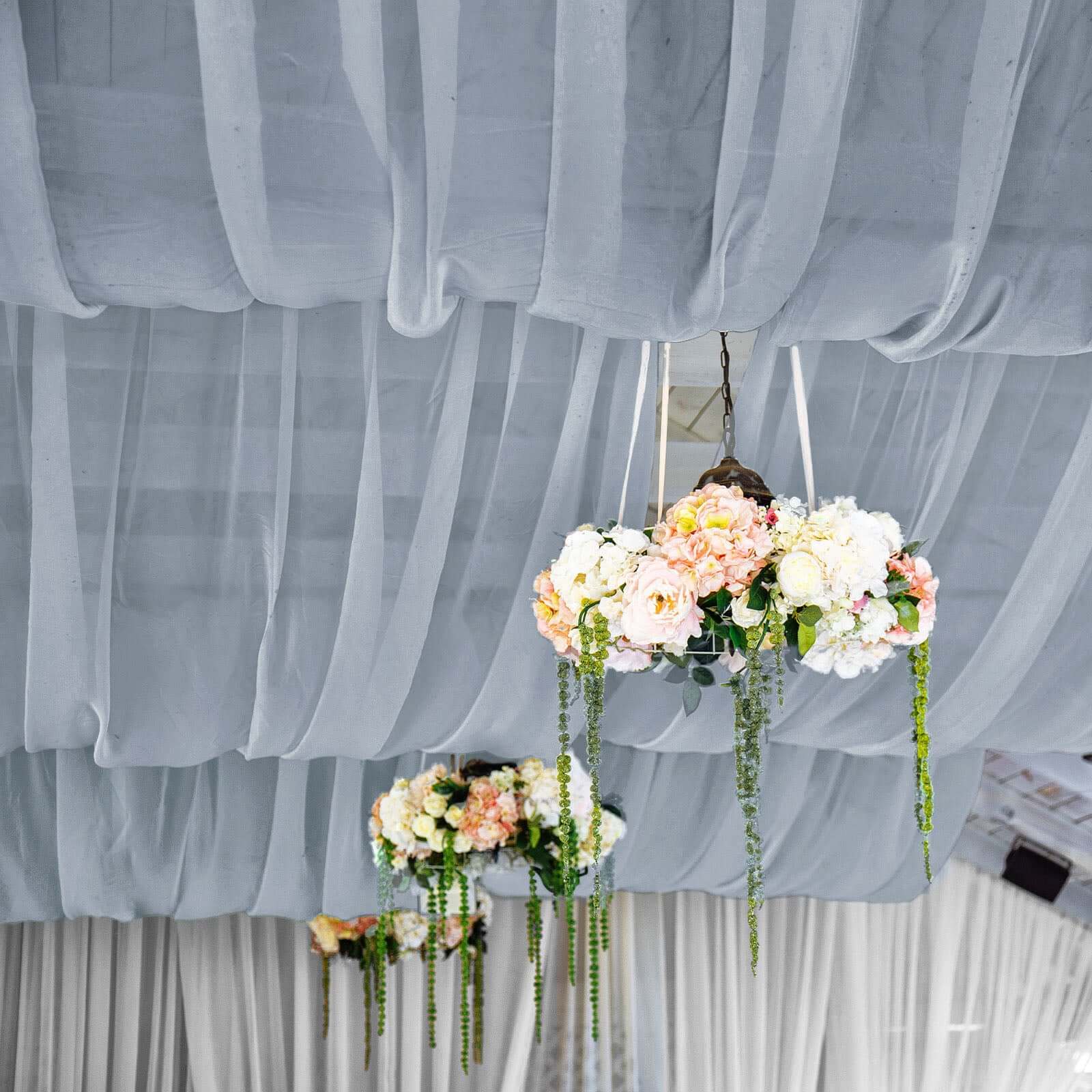 5ftx32ft Dusty Blue Chiffon Curtain Panel, Durable Flame Resistant Backdrop Ceiling Drapery With Rod Pocket