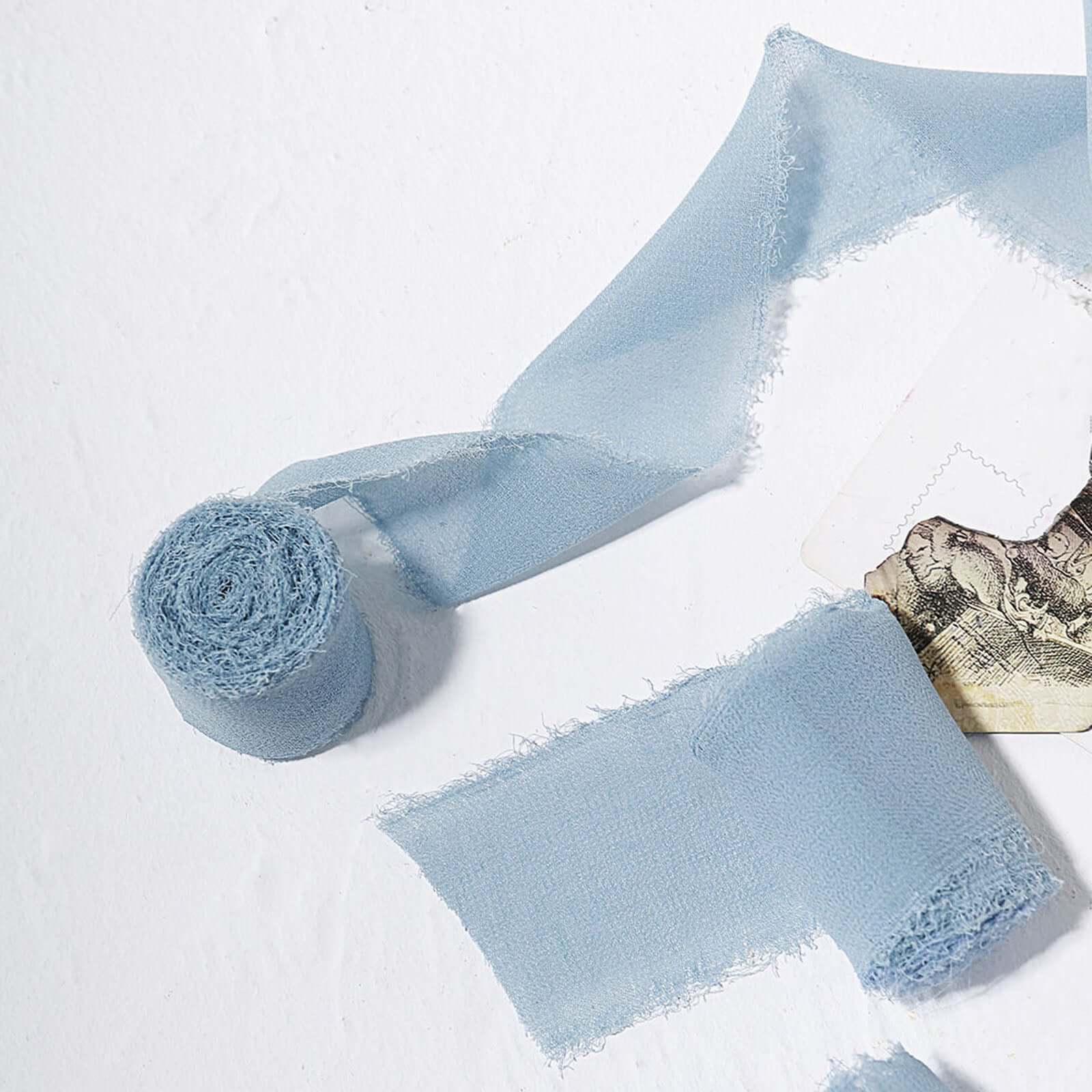 2 Pack 6yd Dusty Blue Silk-Like Chiffon Linen Ribbon Roll For Bouquets, Wedding Invitations Gift Wrapping