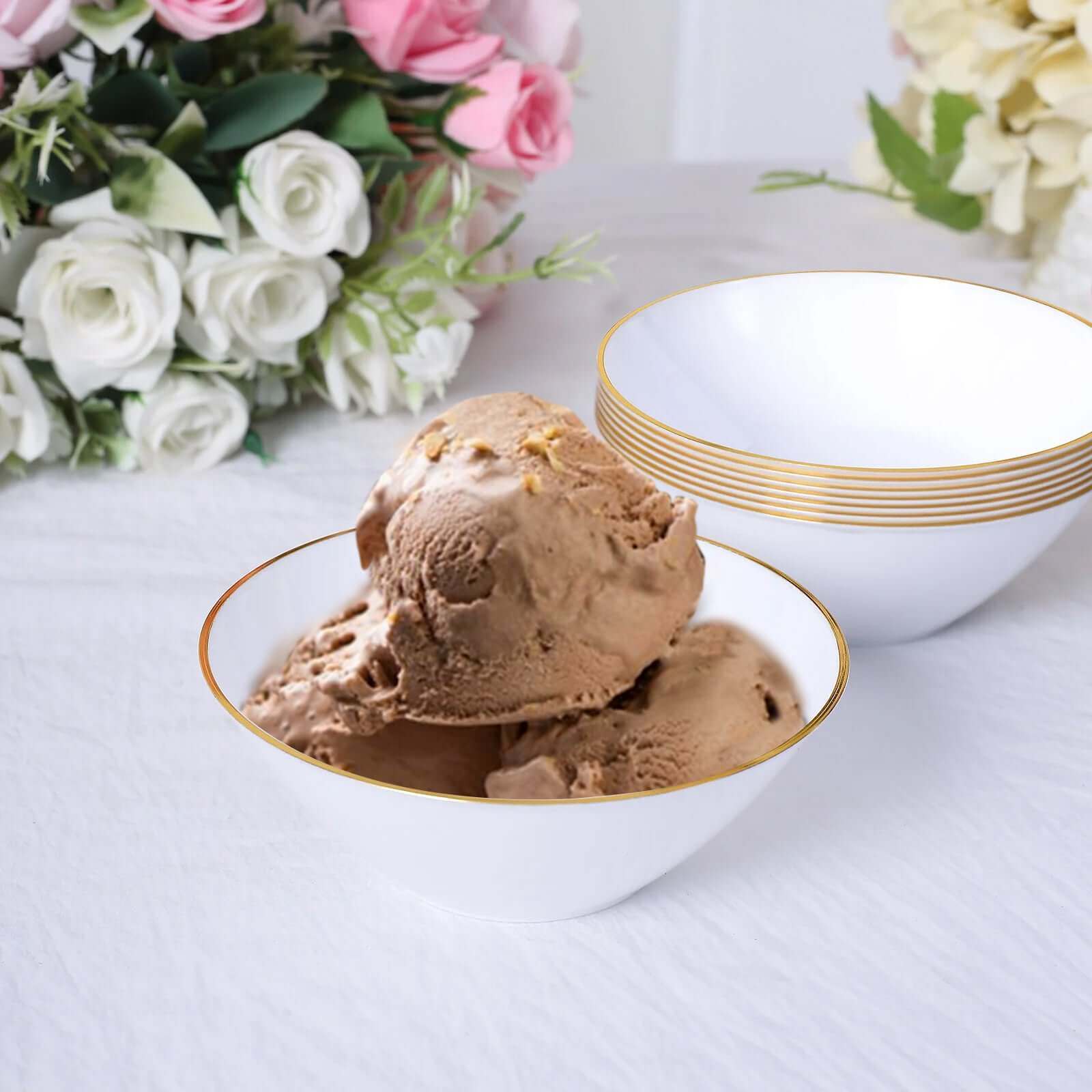 24-Pack Heavy Duty Plastic Ice Cream Bowls Glossy White Gold Rim Premium - Great for Events 7oz