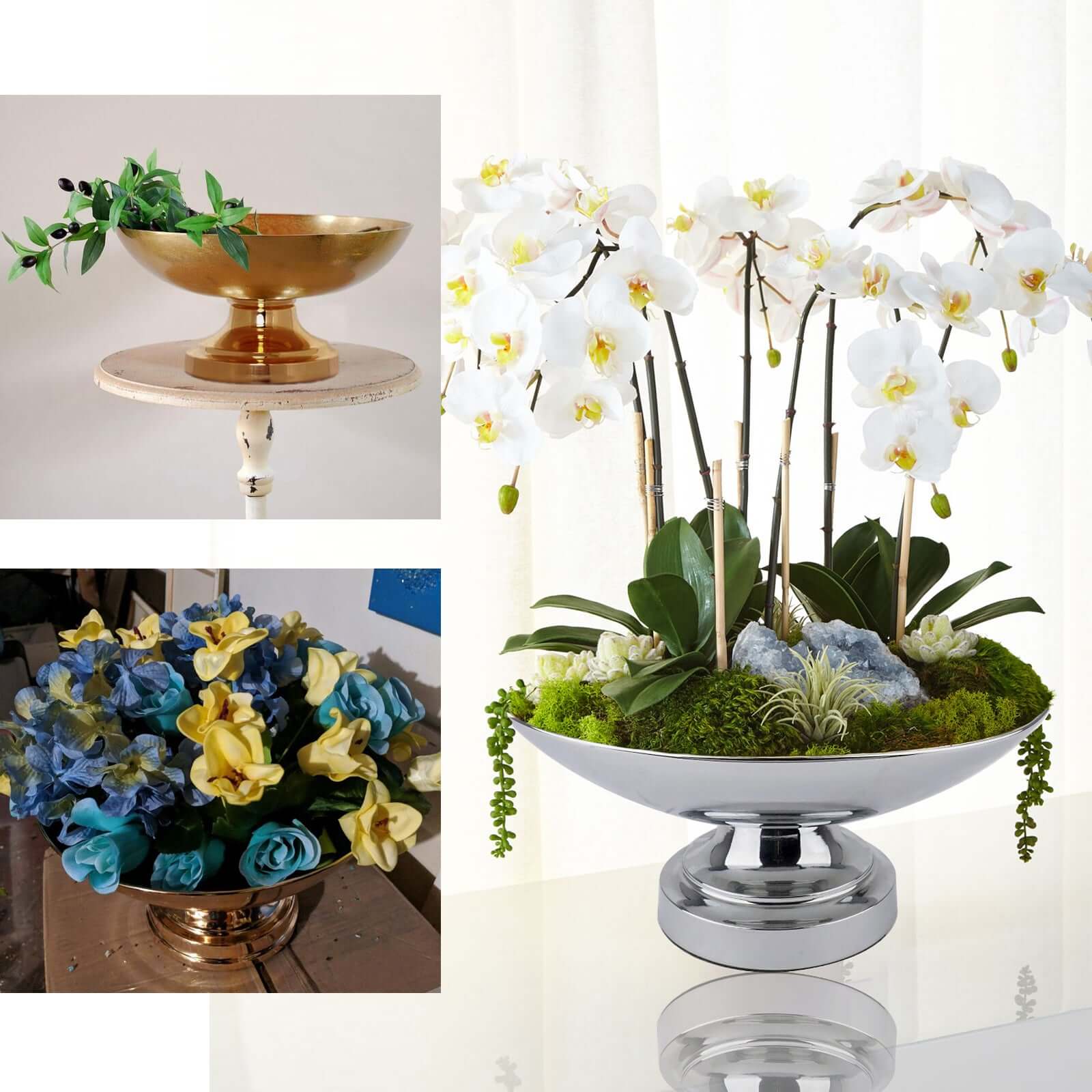 Metal Pedestal Flower Pot Round Design Metallic Silver - Floating Candle Bowl and Display Dish 12"